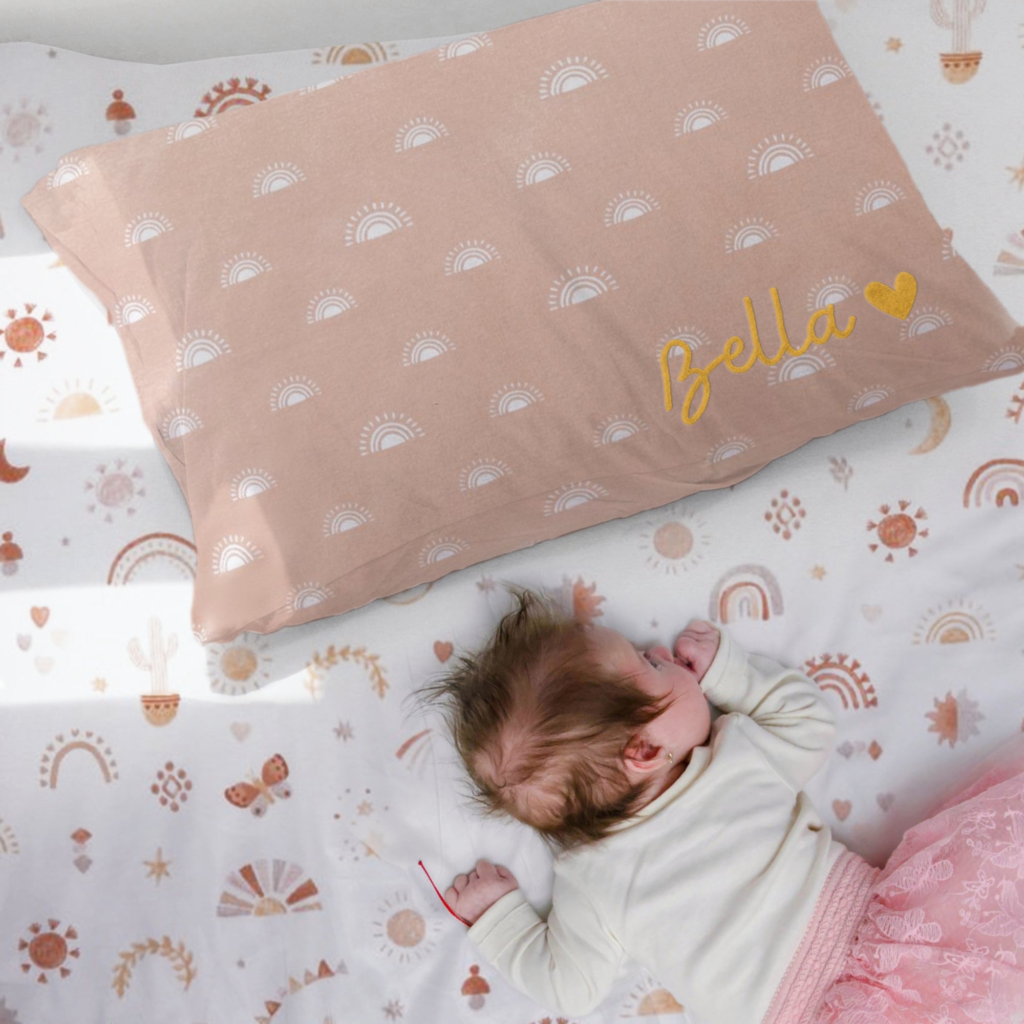 Custom Embroidered Organic Pillowcase &amp; Port-a-Cot Sheet Set, Personalised Infant Baby Girl Name Crib Sleep Cover, Christening Birthday Gift