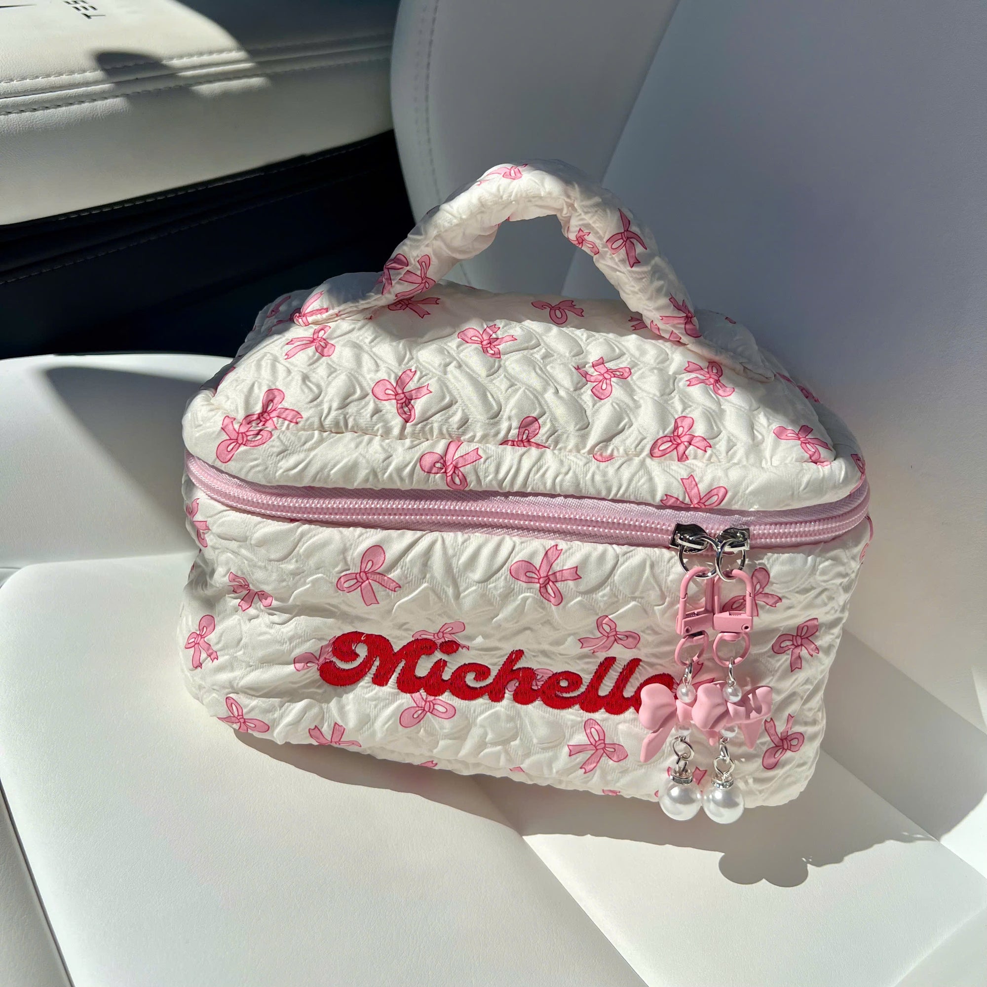 Custom Embroidered Pink Bow Quilted Makeup Bag Set, Personalised Cosmetic Pouch Travel Toiletry Storage, Bridesmaid Destination Wedding Gift