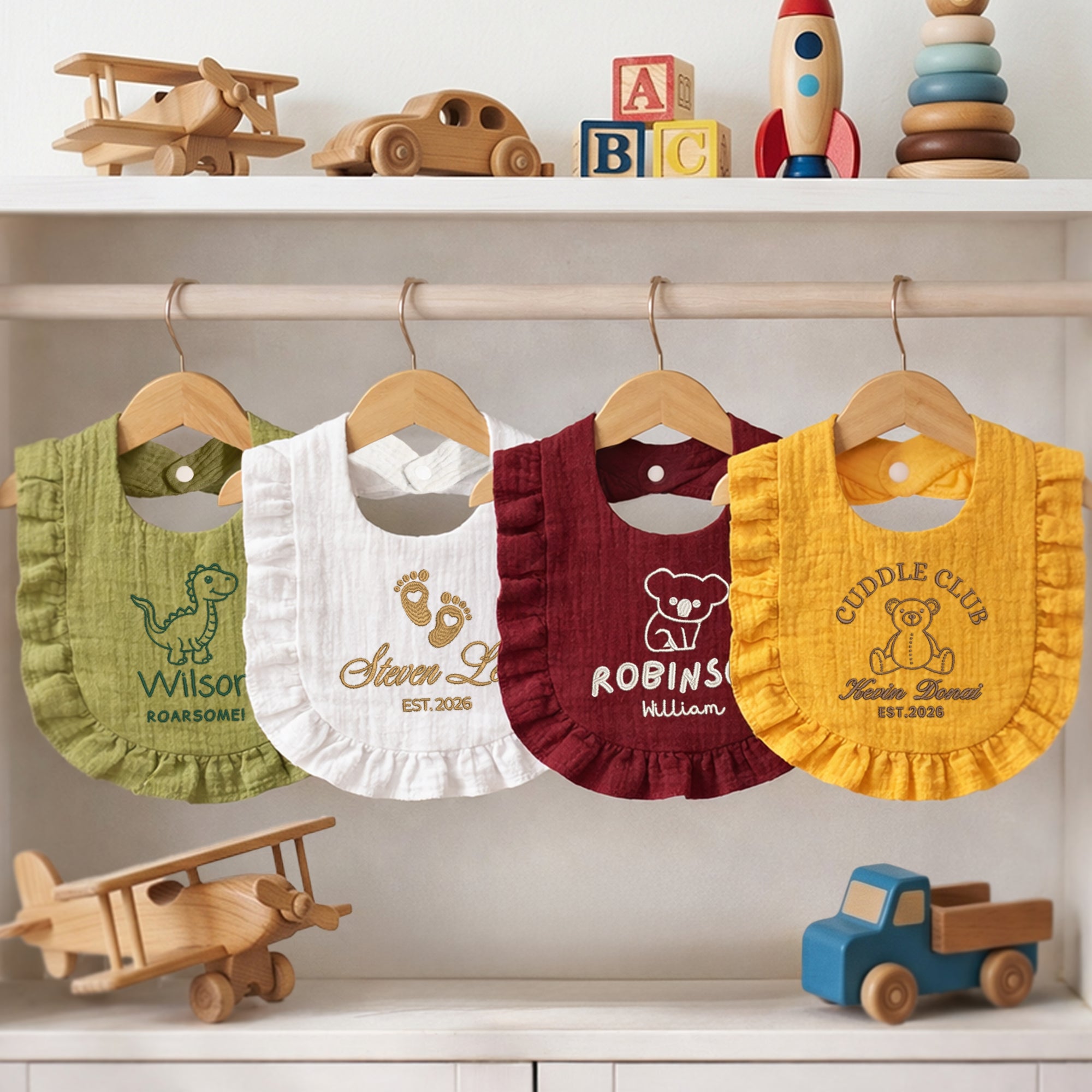 Custom Embroidered Ruffle Trim Muslin Baby Bandana Bib, Personalised Drool Burp Cloth, First Birthday Infant Newborn Shower Christening Gift