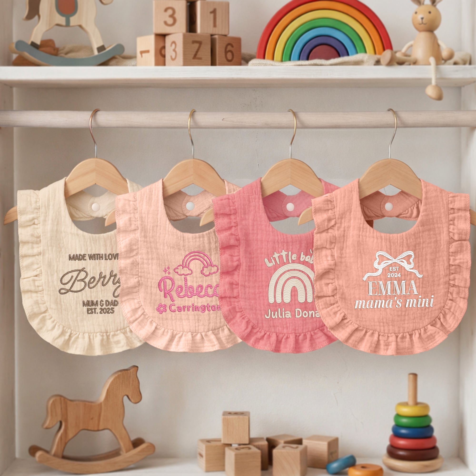 Custom Embroidered Ruffle Trim Muslin Baby Bandana Bib, Personalised Drool Burp Cloth, First Birthday Infant Newborn Shower Christening Gift