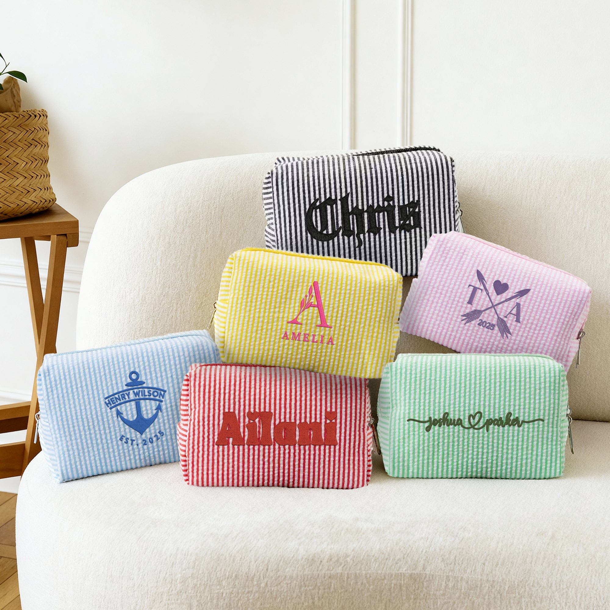 Custom Embroidered Striped Toiletry Bag, Personalised Cosmetic Pouch, Makeup Organizer, Travel Storage, Bridesmaid, Destination Wedding Gift