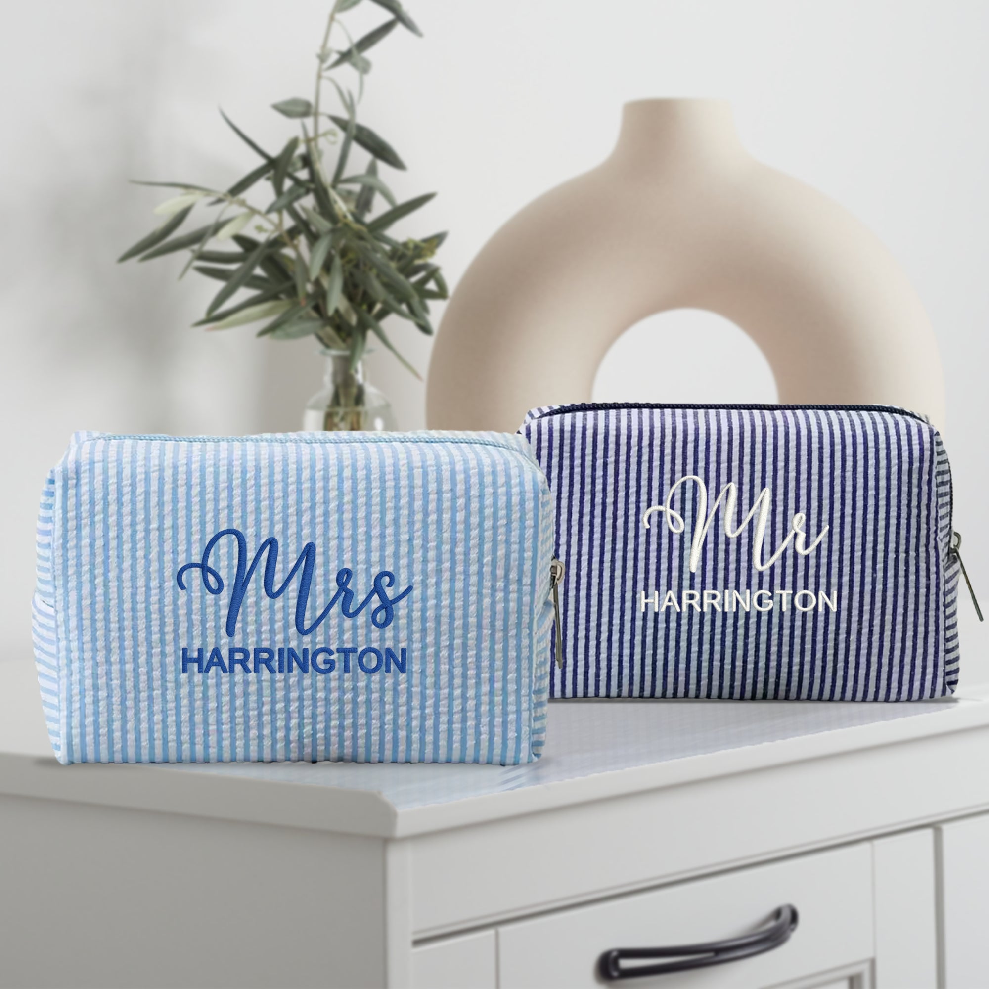 Custom Embroidered Striped Toiletry Bag, Personalised Cosmetic Pouch, Makeup Organizer, Travel Storage, Bridesmaid, Destination Wedding Gift