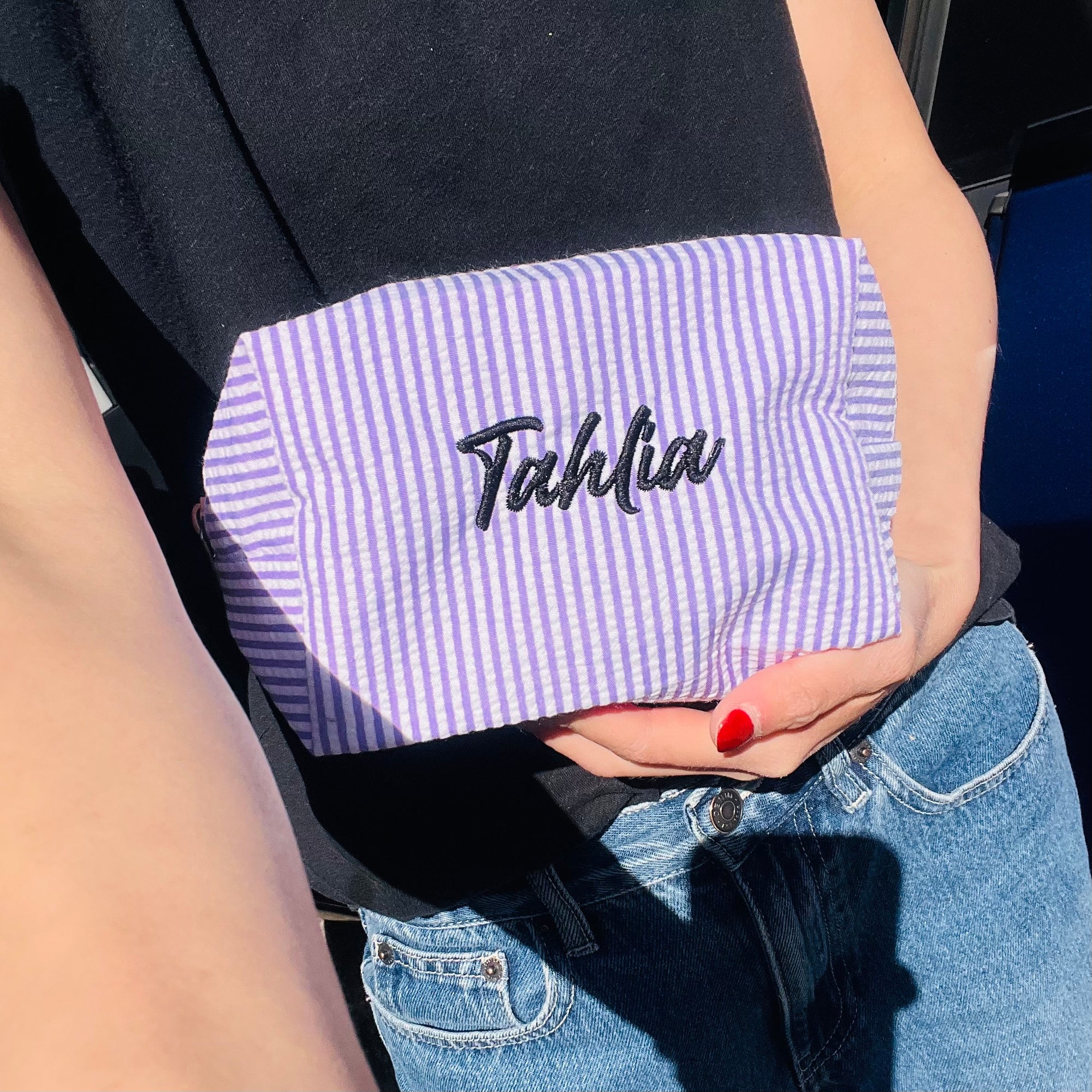 Custom Embroidered Striped Toiletry Bag, Personalised Cosmetic Pouch, Makeup Organizer, Travel Storage, Bridesmaid, Destination Wedding Gift