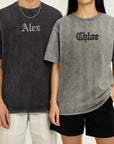 Custom Embroidered Unisex Stone Wash T-shirt, Personalised Crewneck Vintage Tee Friendship Couple Shirts Embroidery, Birthday Corporate Gift
