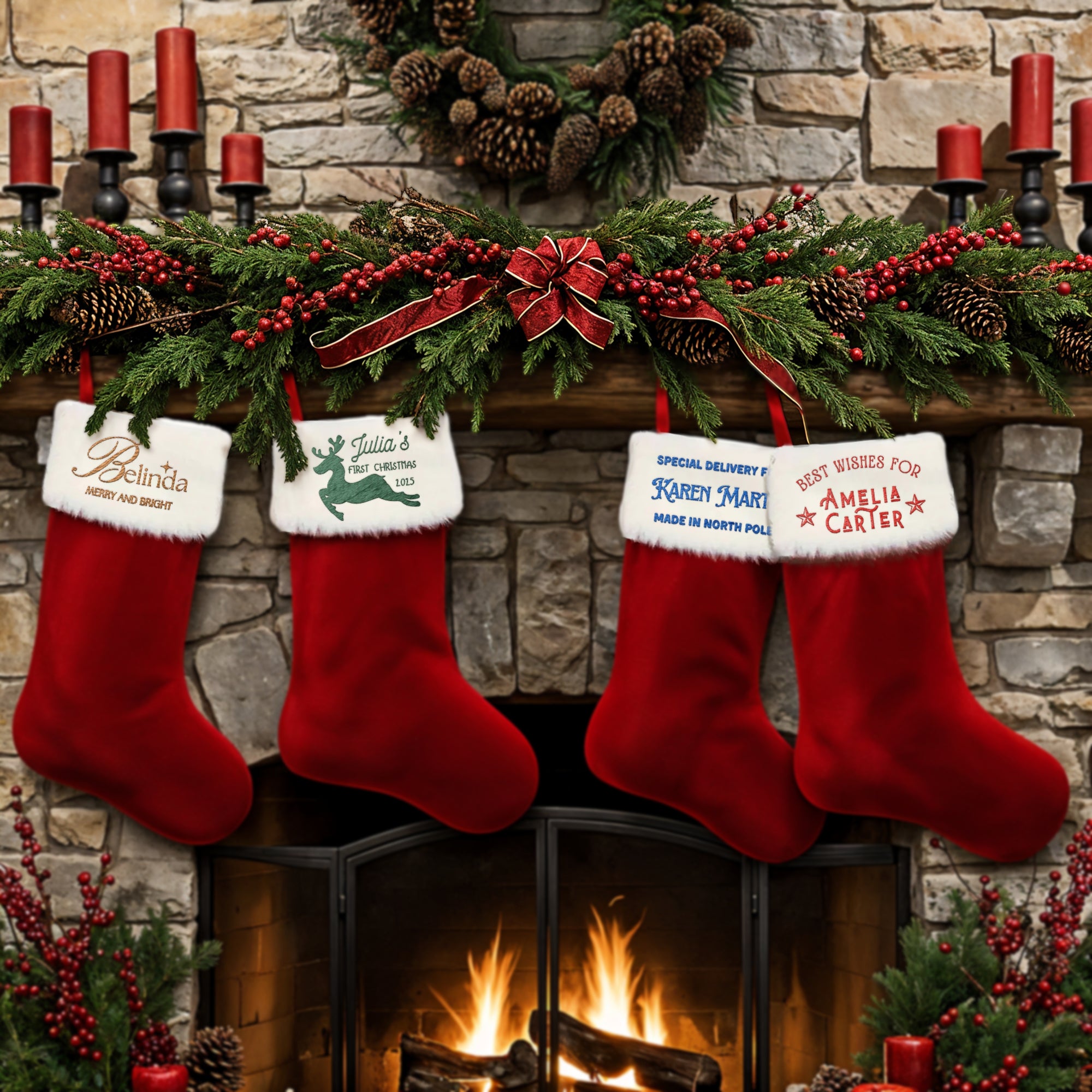 Custom Embroidered Velvet Red &amp; White Fur Christmas Stocking, Personalised Xmas Tree Present Sock, Santa Holiday Decor, Family Kid Gift Bag