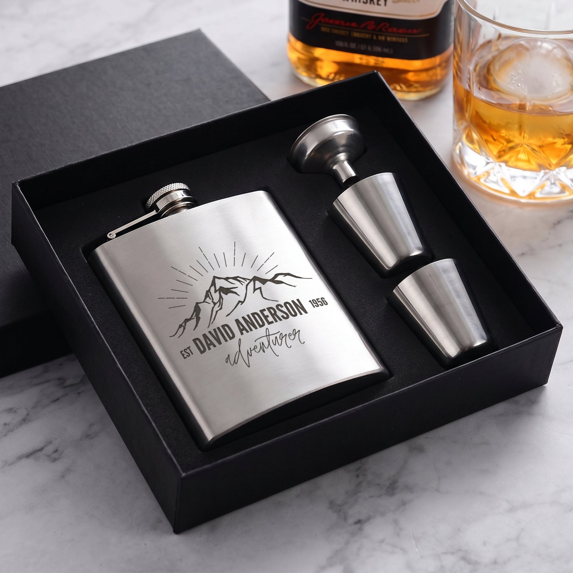 Custom Engraved 7oz Hip Flask Gift Set - Shot Glasses &amp; Funnel | Personalised Logo Groomsmen, Birthday, Father's Day, Corporate Keepsake Box
