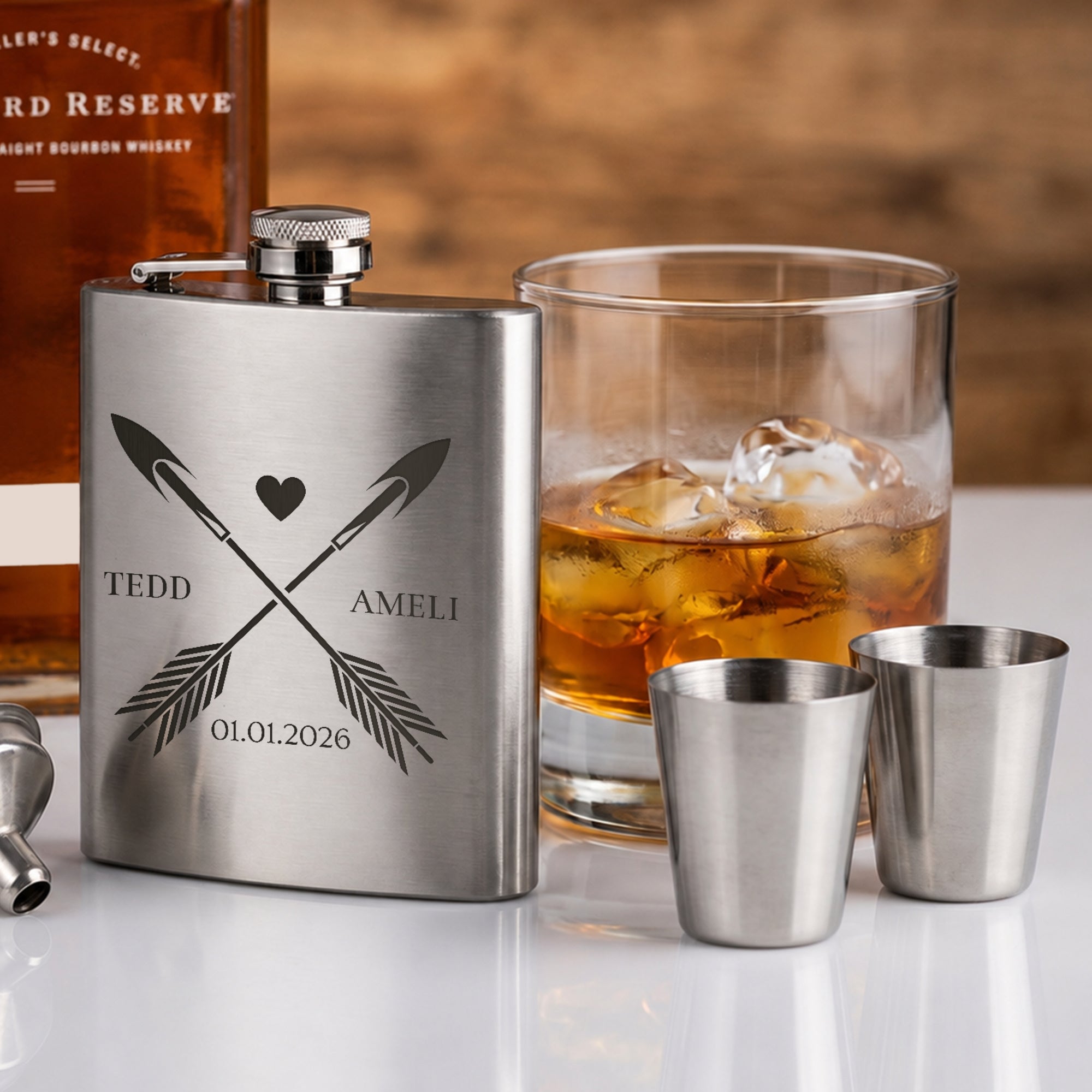 Custom Engraved 7oz Hip Flask Gift Set - Shot Glasses &amp; Funnel | Personalised Logo Groomsmen, Birthday, Father's Day, Corporate Keepsake Box