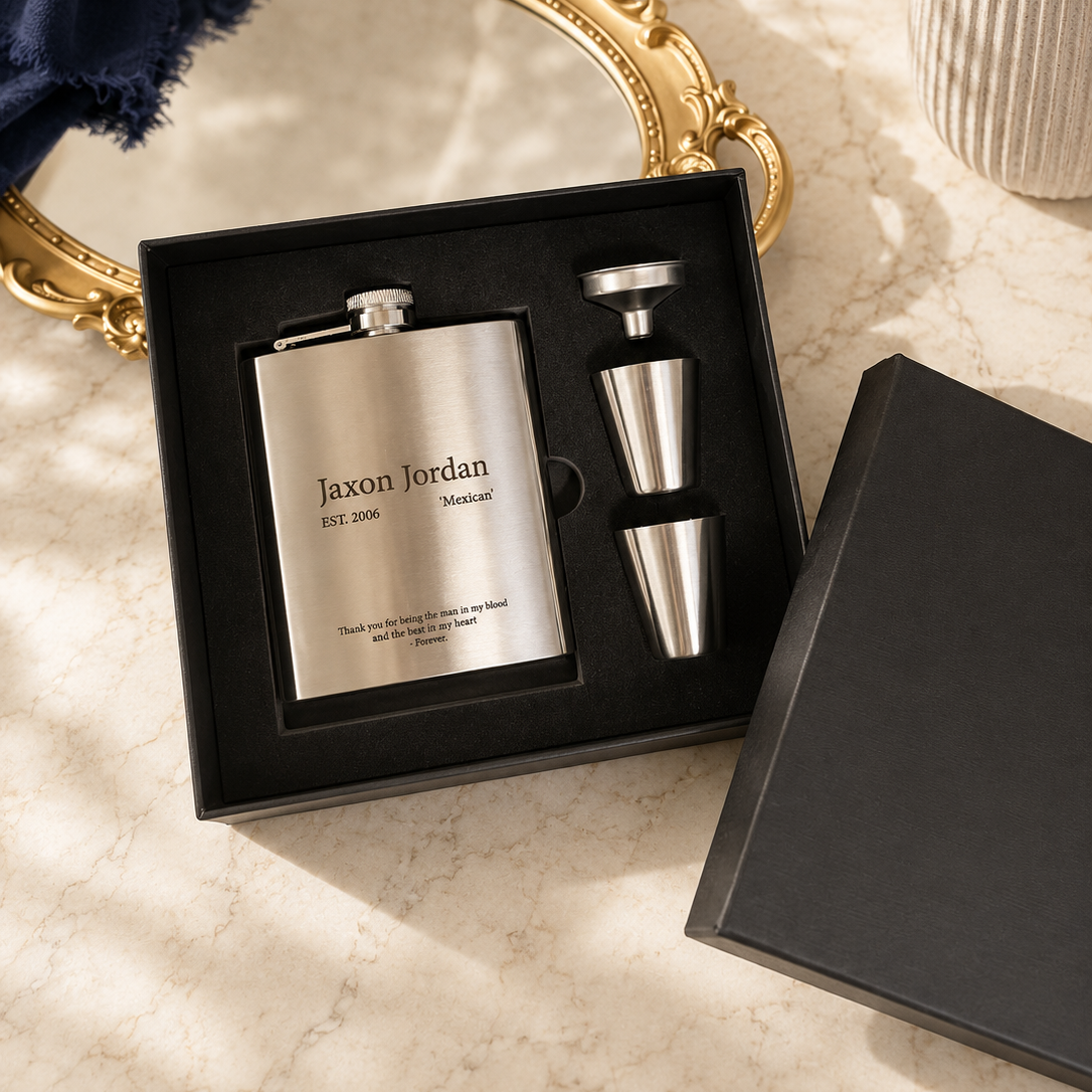 Custom Engraved 7oz Hip Flask Gift Set - Shot Glasses &amp; Funnel | Personalised Logo Groomsmen, Birthday, Father's Day, Corporate Keepsake Box