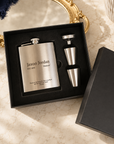 Custom Engraved 7oz Hip Flask Gift Set - Shot Glasses & Funnel | Personalised Logo Groomsmen, Birthday, Father's Day, Corporate Keepsake Box