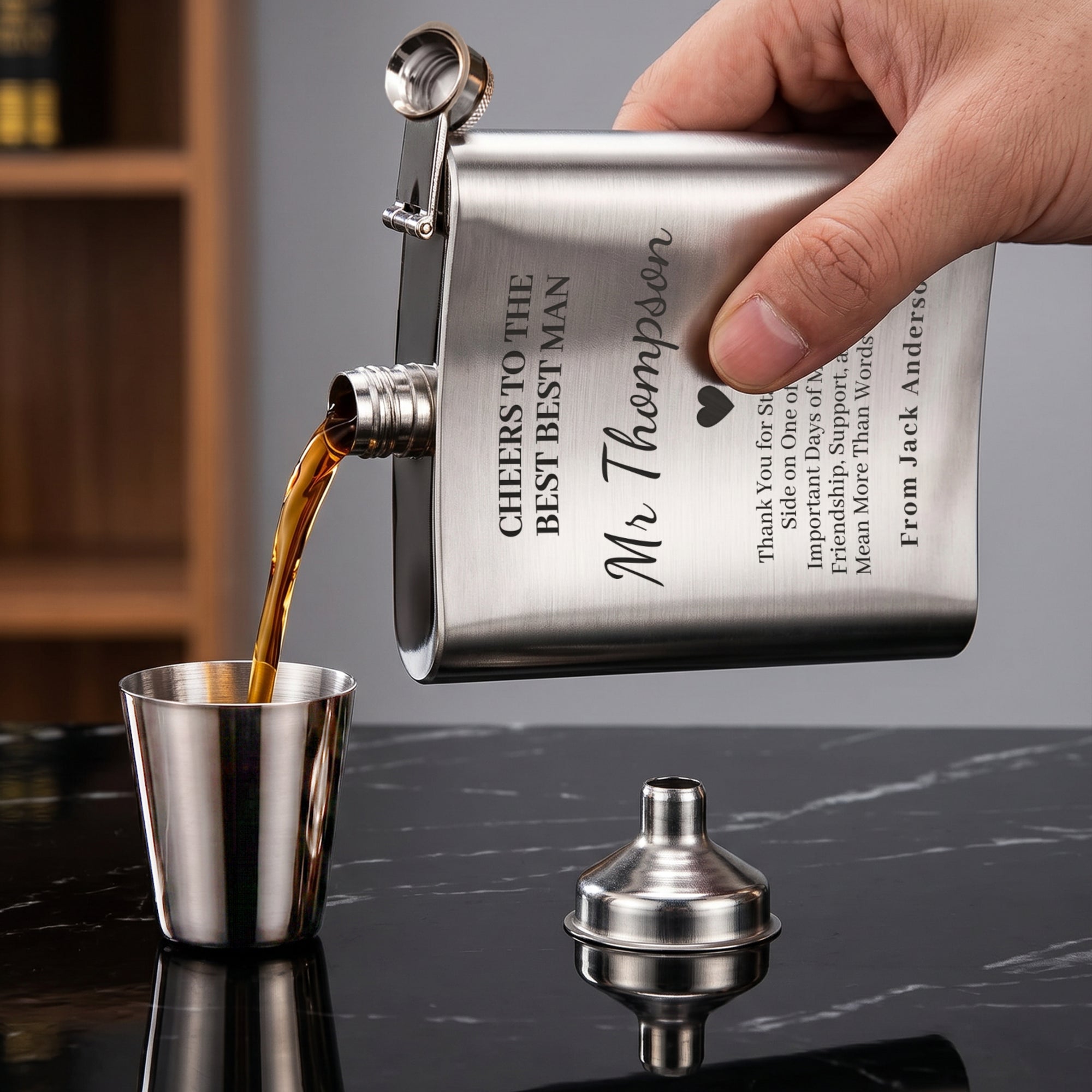 Custom Engraved 7oz Hip Flask Gift Set - Shot Glasses &amp; Funnel | Personalised Logo Groomsmen, Birthday, Father's Day, Corporate Keepsake Box