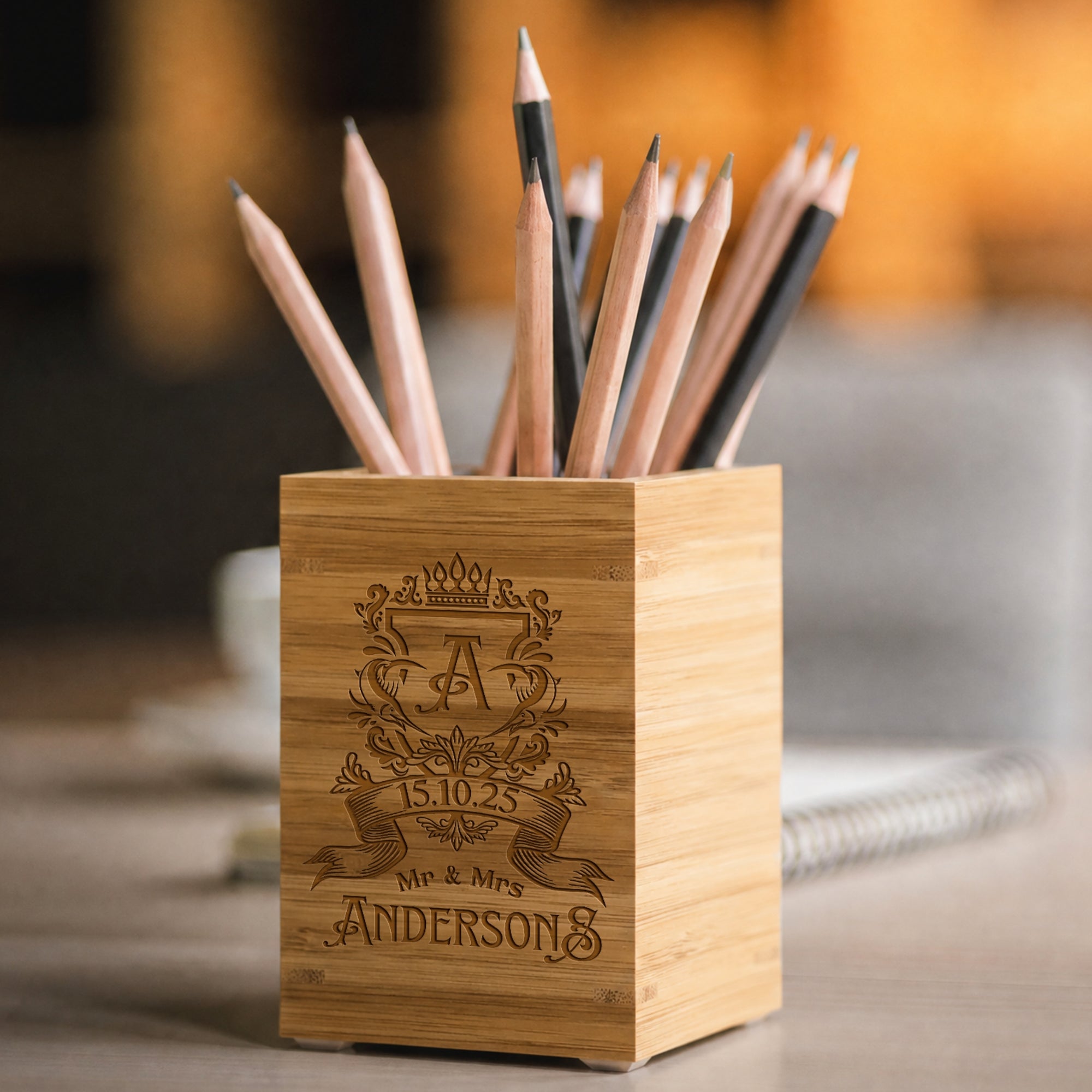 Custom Engraved Bamboo Pen Holder, Personalised Desk Organiser, Home Decor Office Accessory, Birthday Housewarming, Graduation, Teacher Gift