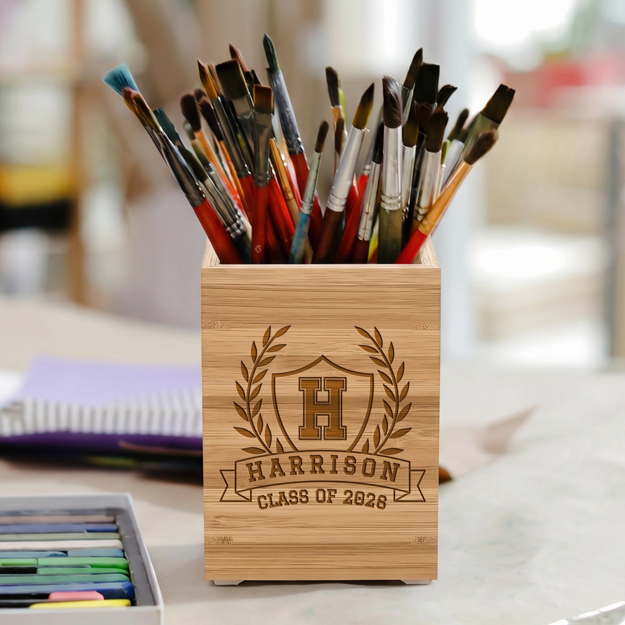 Custom Engraved Bamboo Pen Holder, Personalised Desk Organiser, Home Decor Office Accessory, Birthday Housewarming, Graduation, Teacher Gift