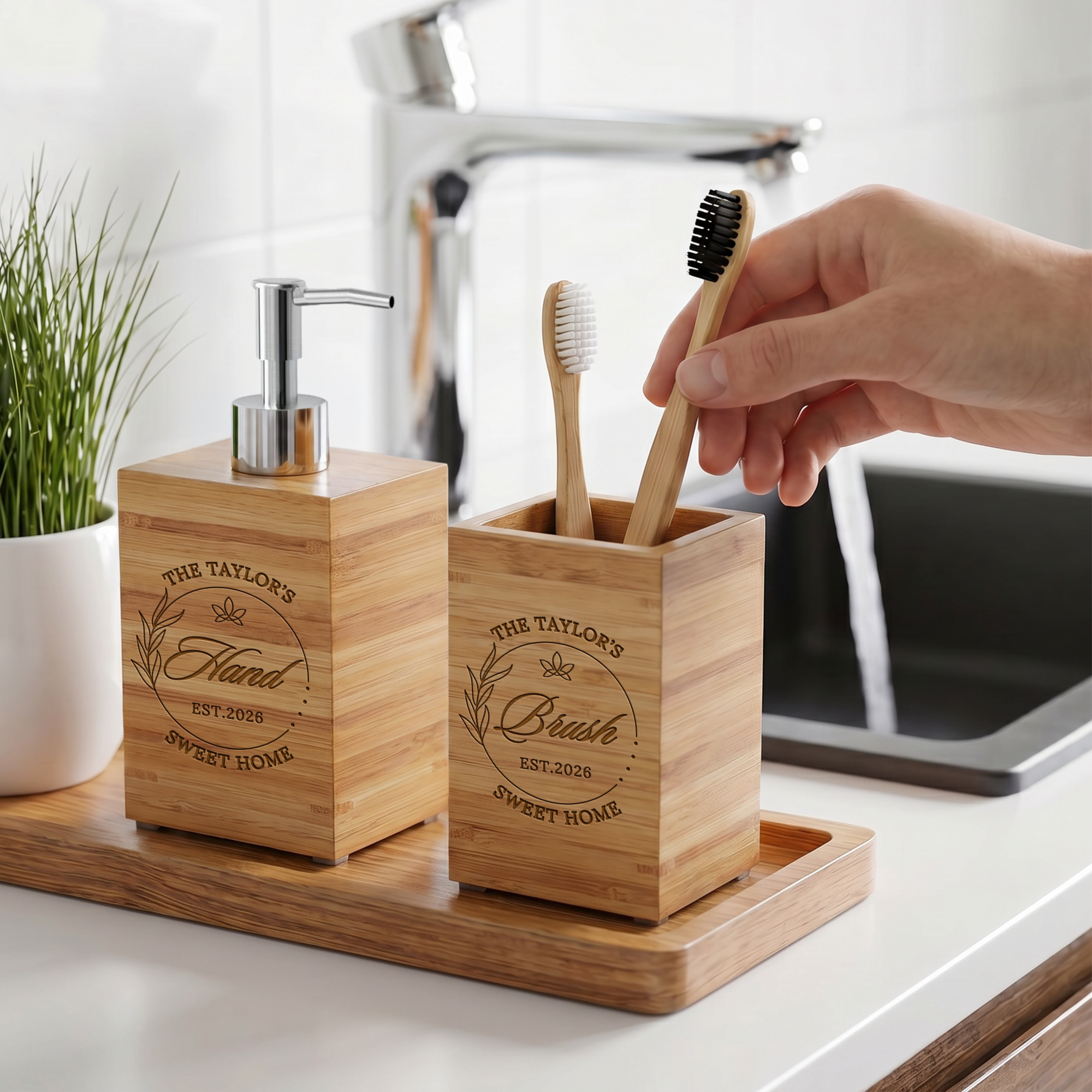 Custom Engraved Bamboo Soap Dispenser &amp; Toothbrush Holder, Personalised Bathroom Refillable Hand Bottle, Housewarming Gift Airbnb Home Décor