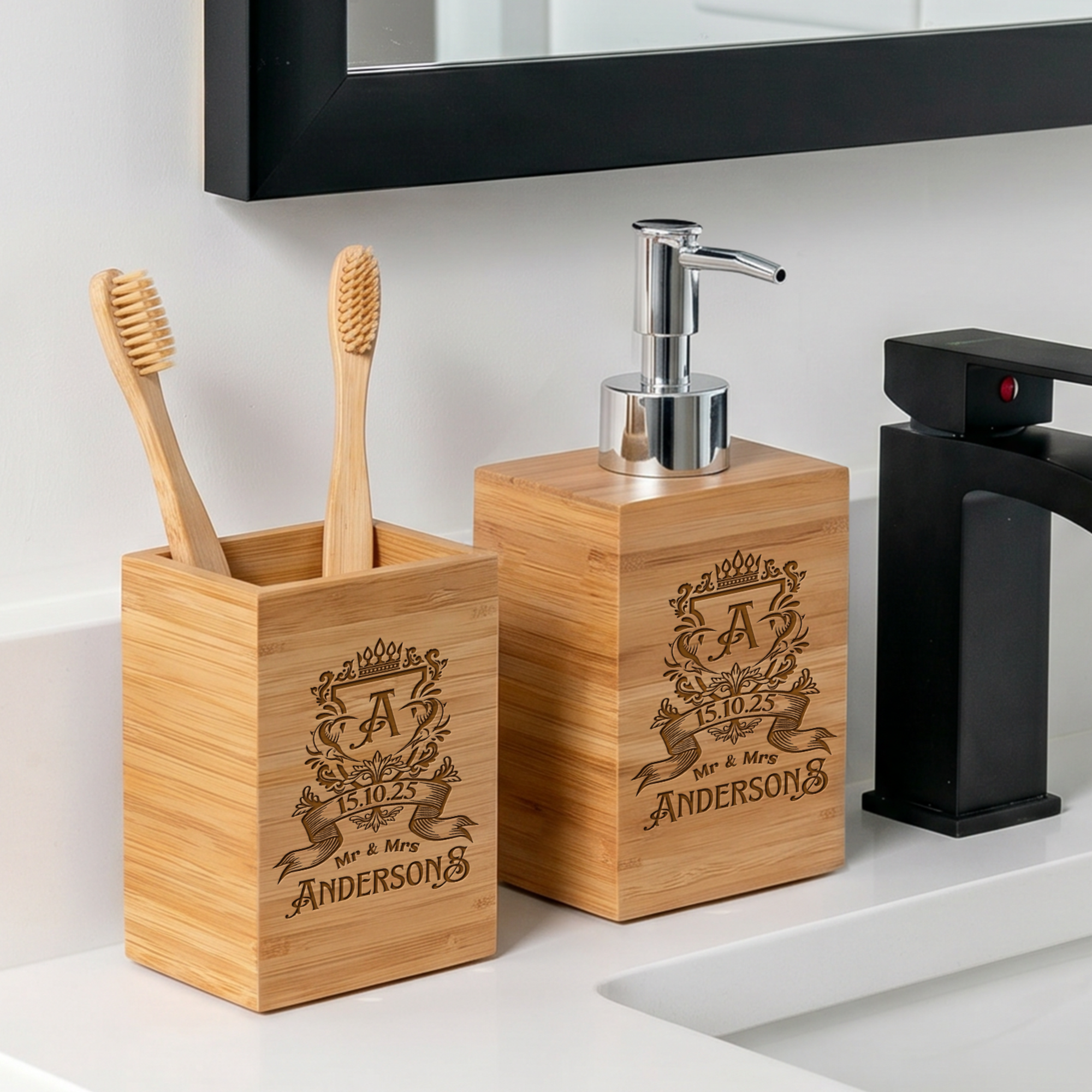 Custom Engraved Bamboo Soap Dispenser & Toothbrush Holder, Personalised Bathroom Refillable Hand Bottle, Housewarming Gift Airbnb Home Décor