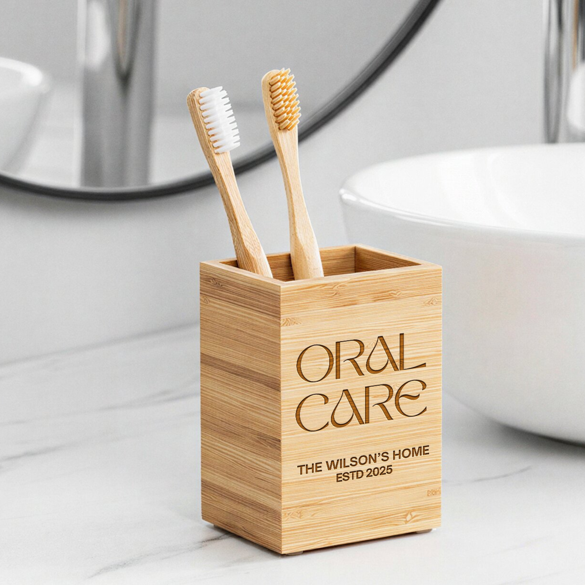 Custom Engraved Bamboo Soap Dispenser & Toothbrush Holder, Personalised Bathroom Refillable Hand Bottle, Housewarming Gift Airbnb Home Décor