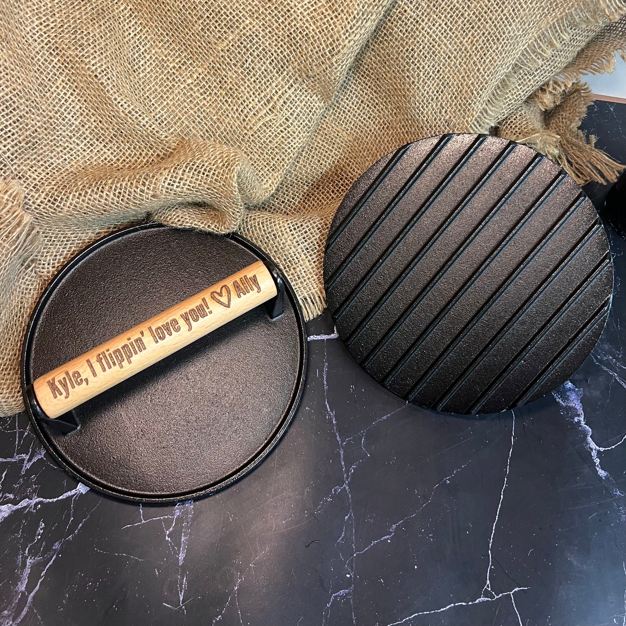 Custom Engraved Cast Iron BBQ Grill Press, Personalised Burger &amp; Meat Weight, Barbecue Lover, Outdoor Cooking Dad Birthday Housewarming Gift