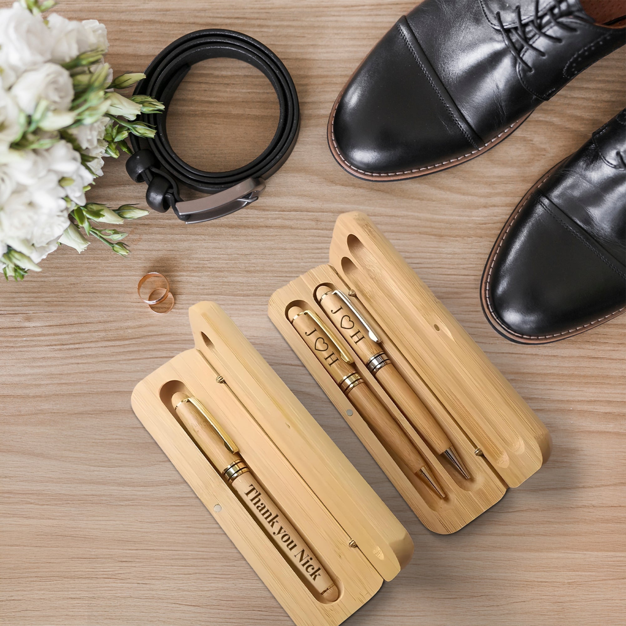 Custom Engraved Eco Bamboo Pens &amp; Case Set – Personalised Logo Sustainable Corporate Gifts, Teacher, Student, Event, Wedding Signature Pen