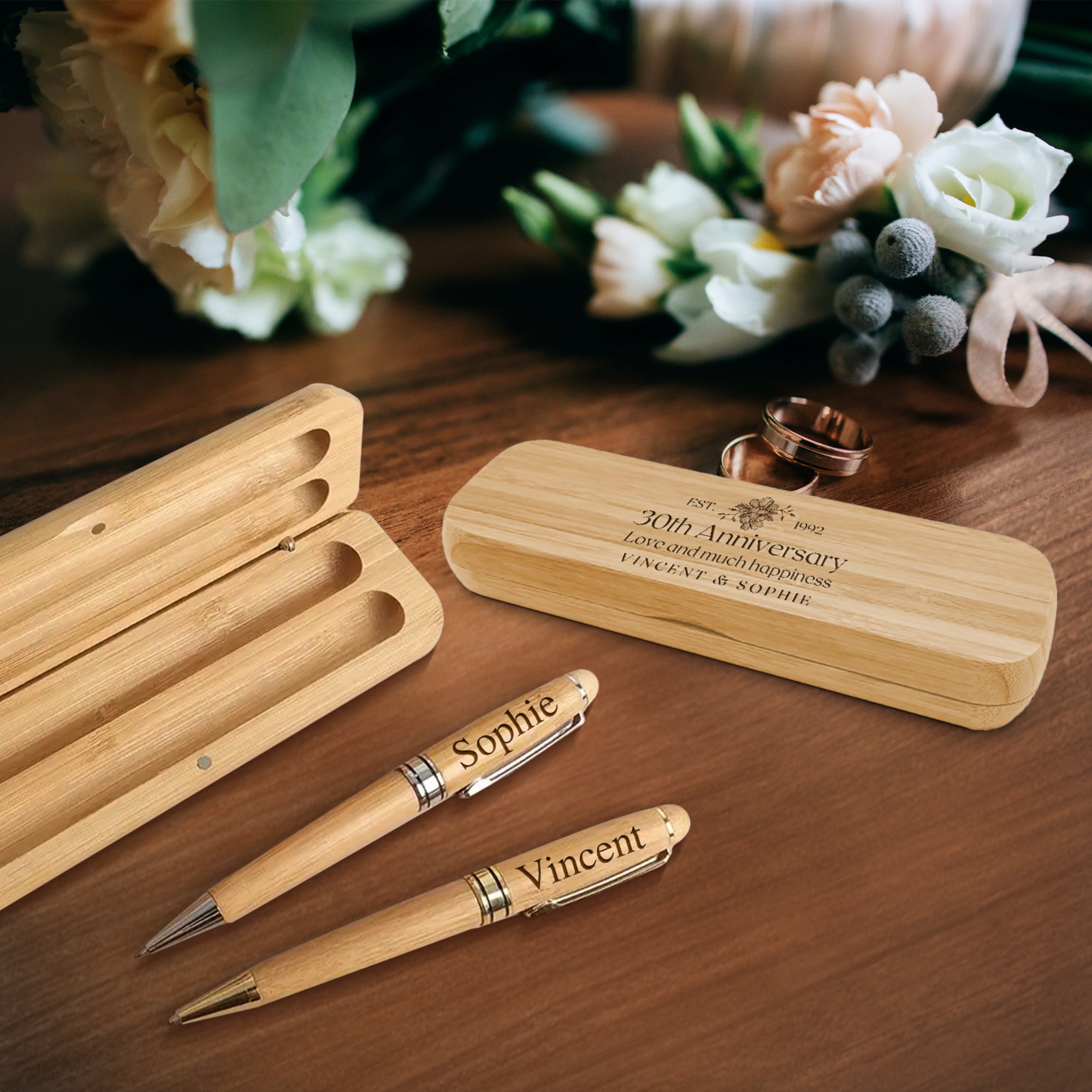 Custom Engraved Eco Bamboo Pens &amp; Case Set – Personalised Logo Sustainable Corporate Gifts, Teacher, Student, Event, Wedding Signature Pen