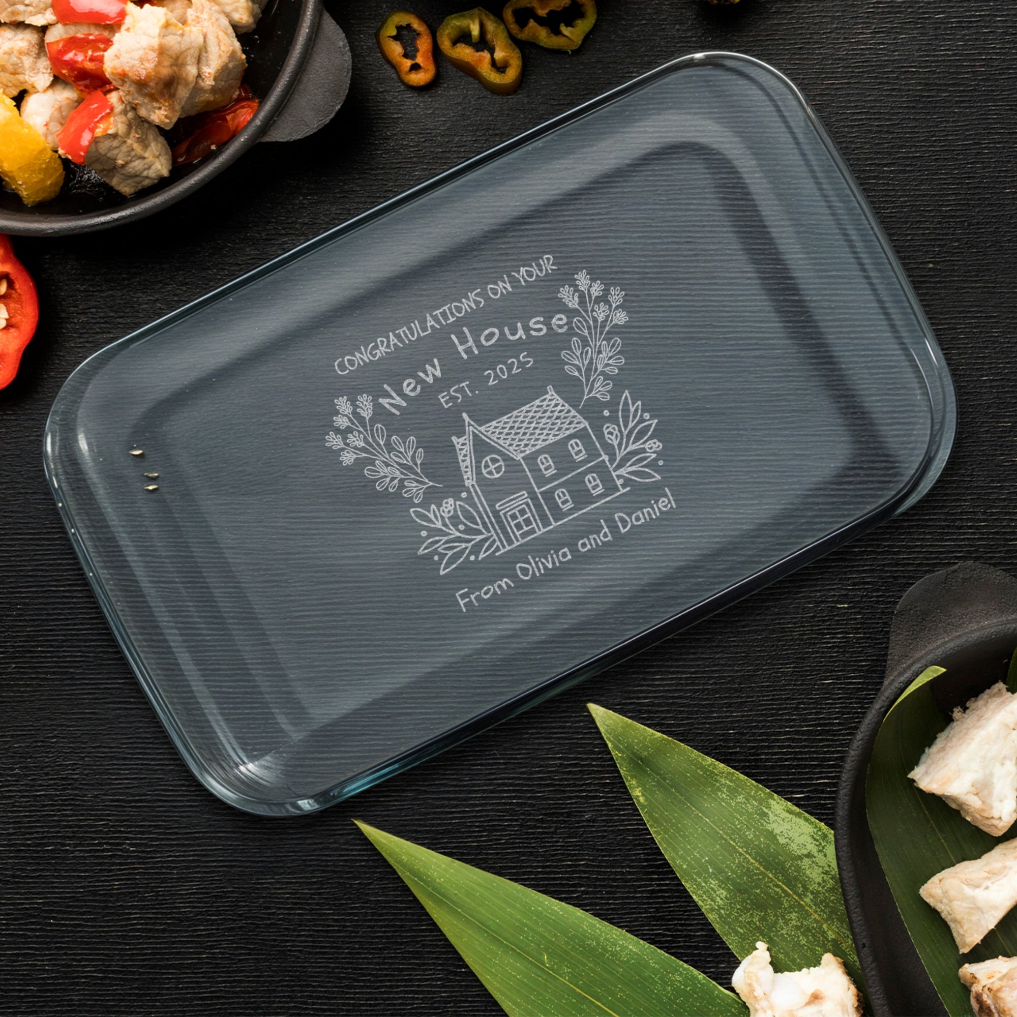 Custom Engraved Glass Baking Roasting Tray, Personalised Casseroles Dessert Pie Dish, Tableware, Anniversary, Mom, Kitchen Housewarming Gift