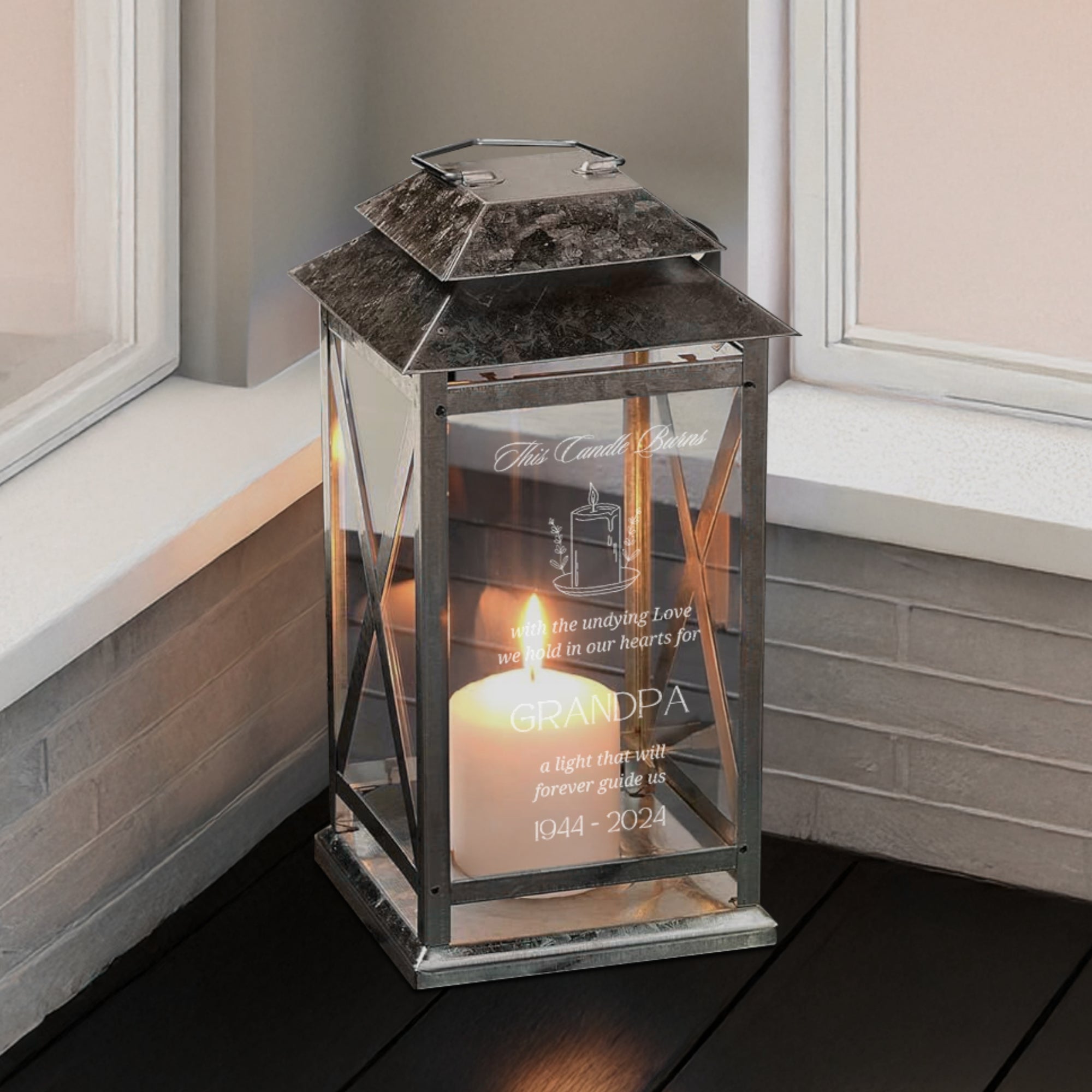 Custom Engraved Glass Rustic Galvanised Steel In Loving Memory Lantern, Personalised Memorial Message Sympathy Loss, Funeral Condolence Gift