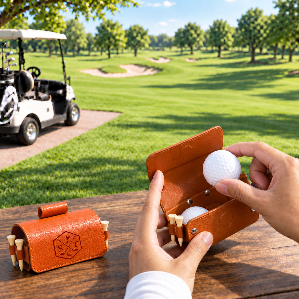 Custom Engraved Leatherette 2 Golf Balls Pouch &amp; Tee Holder, Personalised Golfer Accessories, Dad, Groomsmen, Christmas Logo Corporate Gift