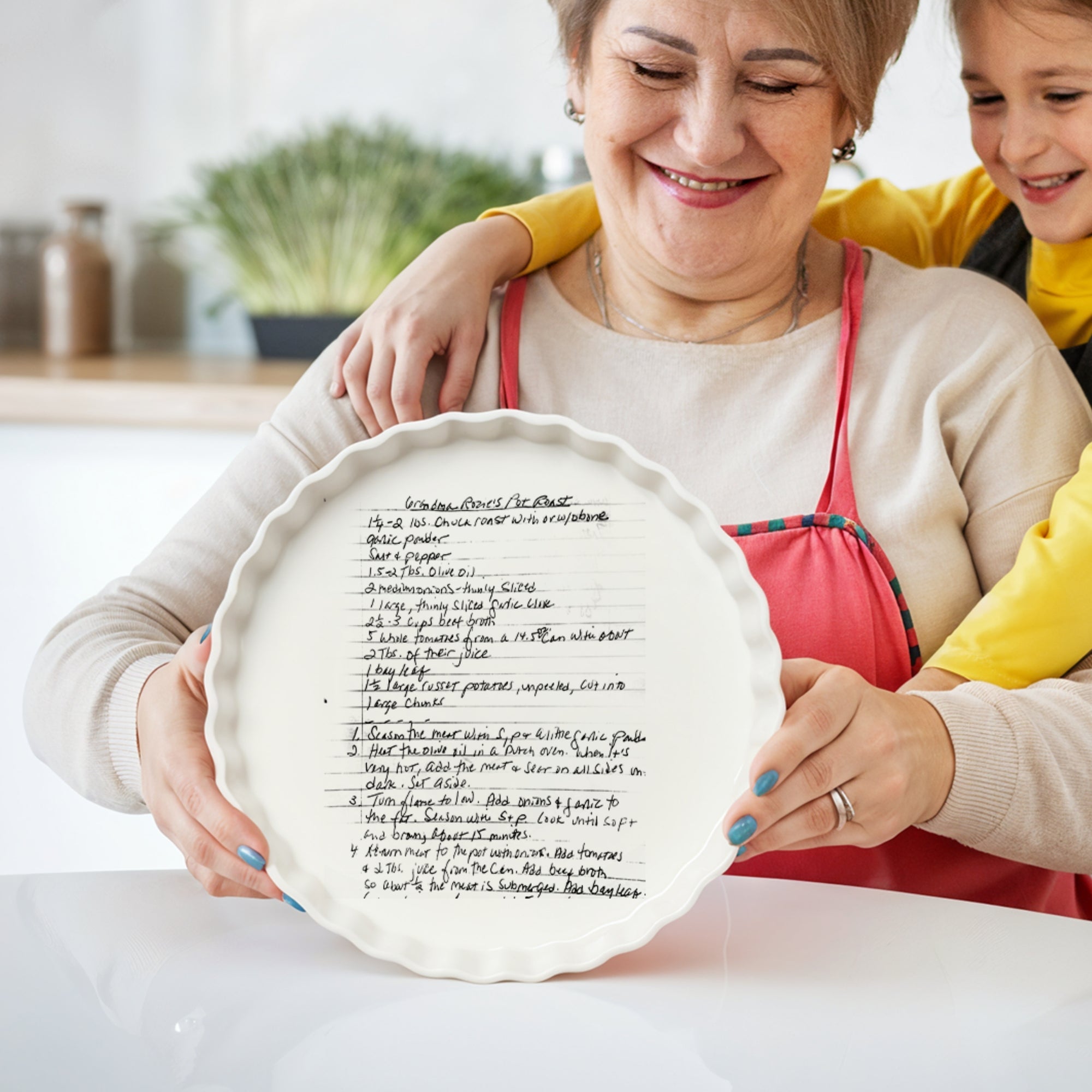 Custom Engraved Recipe &amp; Photo White Porcelain Round Baking Tray, Personalised Portrait Quiches Tart Pie Dish, Kitchen Keepsake Grandma Gift