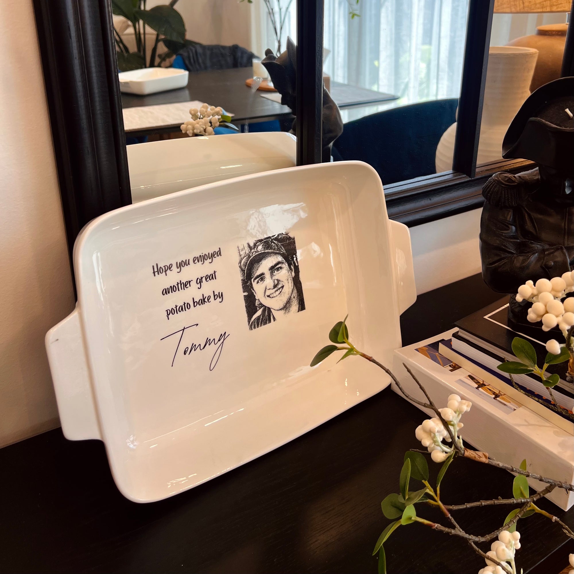 Custom Engraved Rectangle White Porcelain Baking Tray, Personalised Portrait Pie Dish, Kitchen Keepsake, Housewarming Grandma Christmas Gift