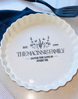 Custom Engraved Round White Porcelain Baking Tray, Personalised Pie Dish Quiches Tart, Kitchen Keepsake, Housewarming Grandma Christmas Gift
