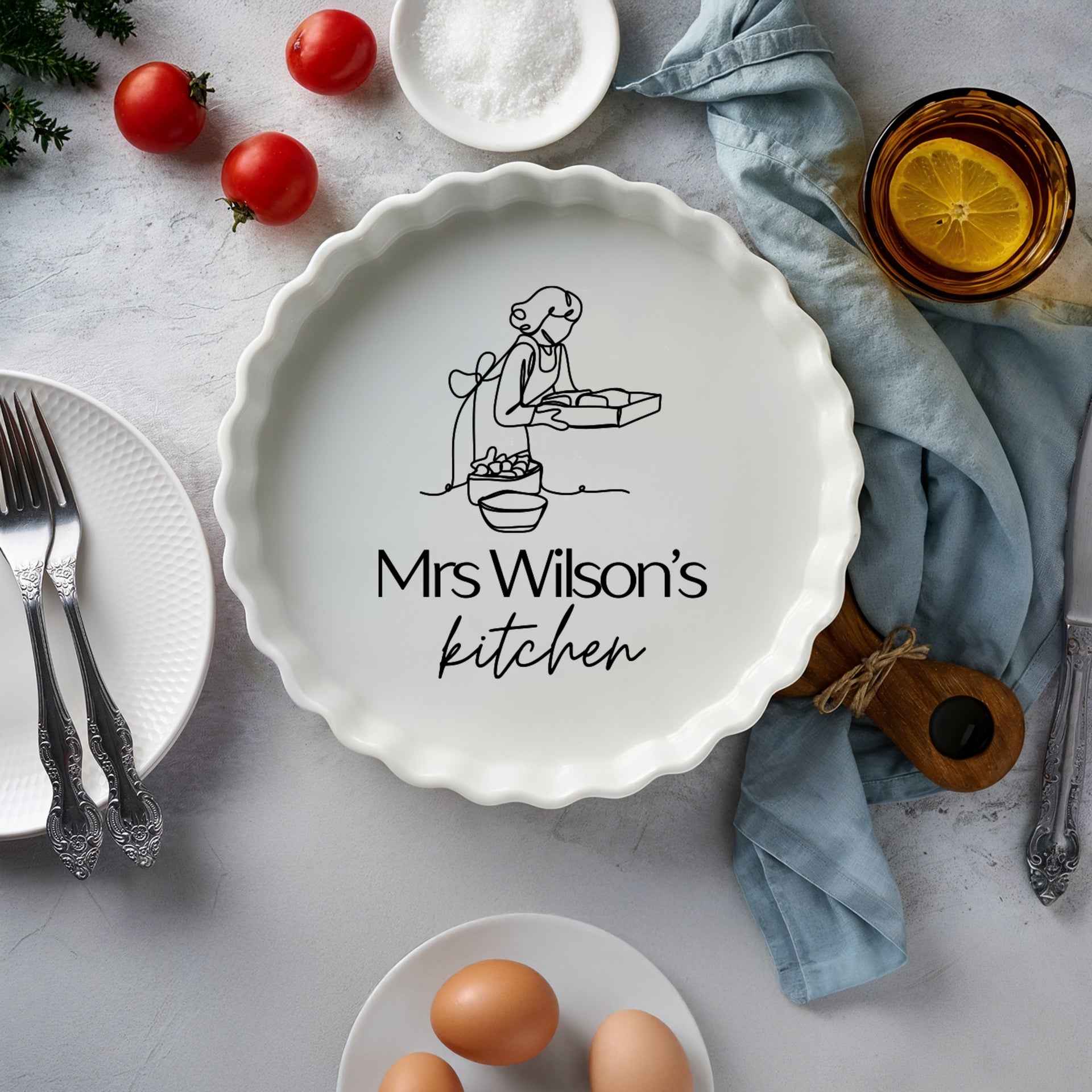 Custom Engraved Round White Porcelain Baking Tray, Personalised