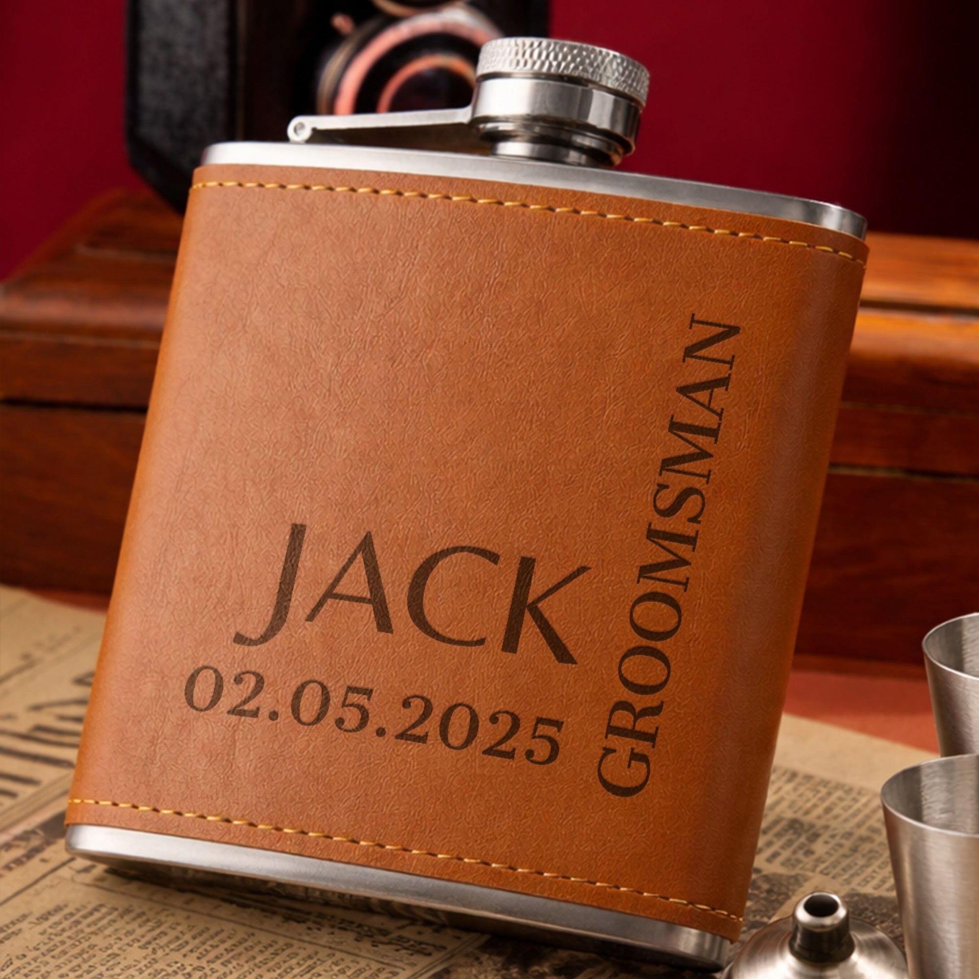 Custom Engraved Tan Leatherette 7oz Hip Flask, Personalised Wedding Groomsmen, Dad Father's Day, Logo Christmas Corporate Gift
