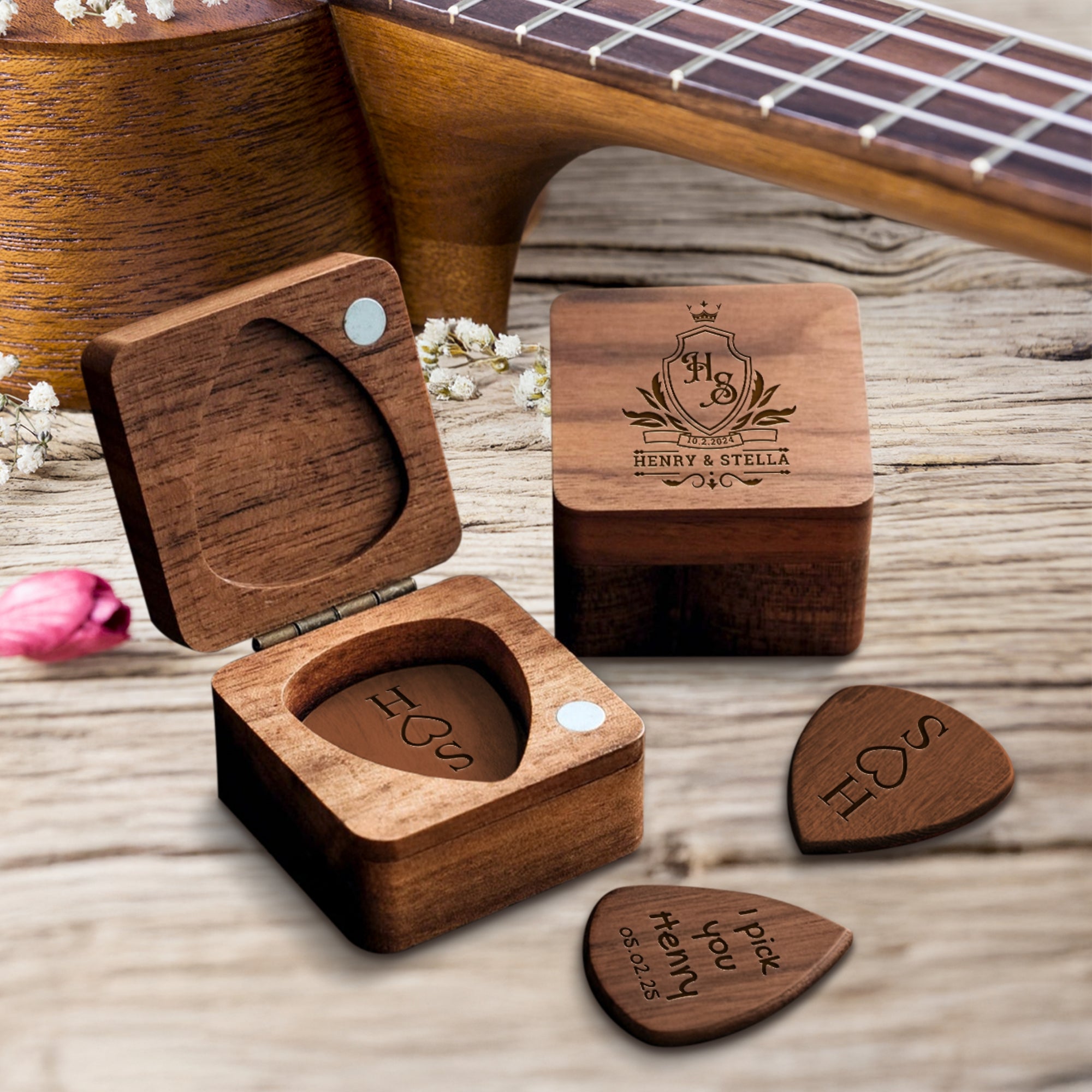 Custom Engraved Walnut Guitar Picks &amp; Engraved Keepsake Box Case Set, Personalised Logo Musicians, Teacher, Student, Wedding, Mom, Dad Gifts