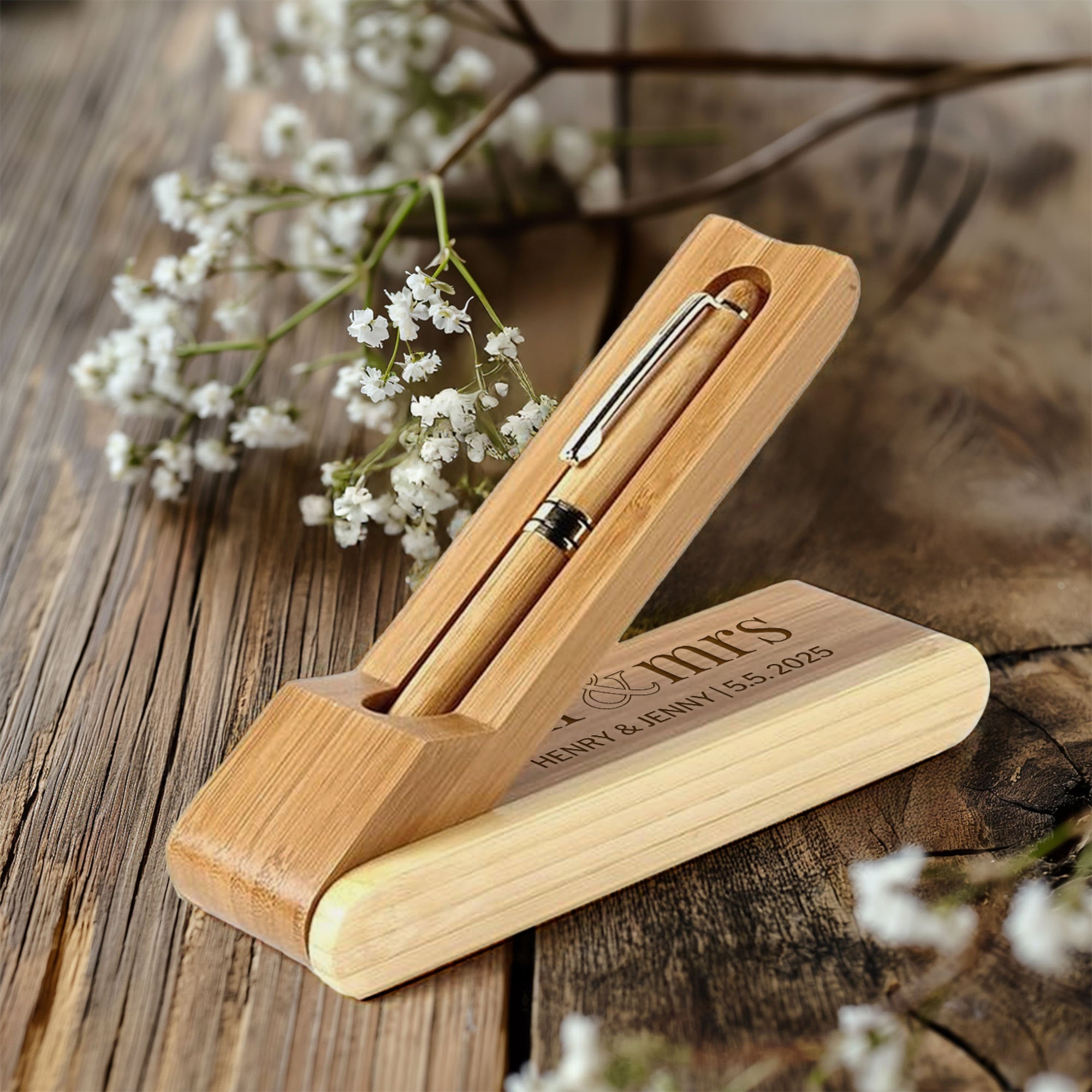 Custom Engraved Walnut Wooden Pen & Case Set, Personalised Logo Eco Bamboo Corporate Gifts, Teacher, Student, Event, Wedding Reception Decor