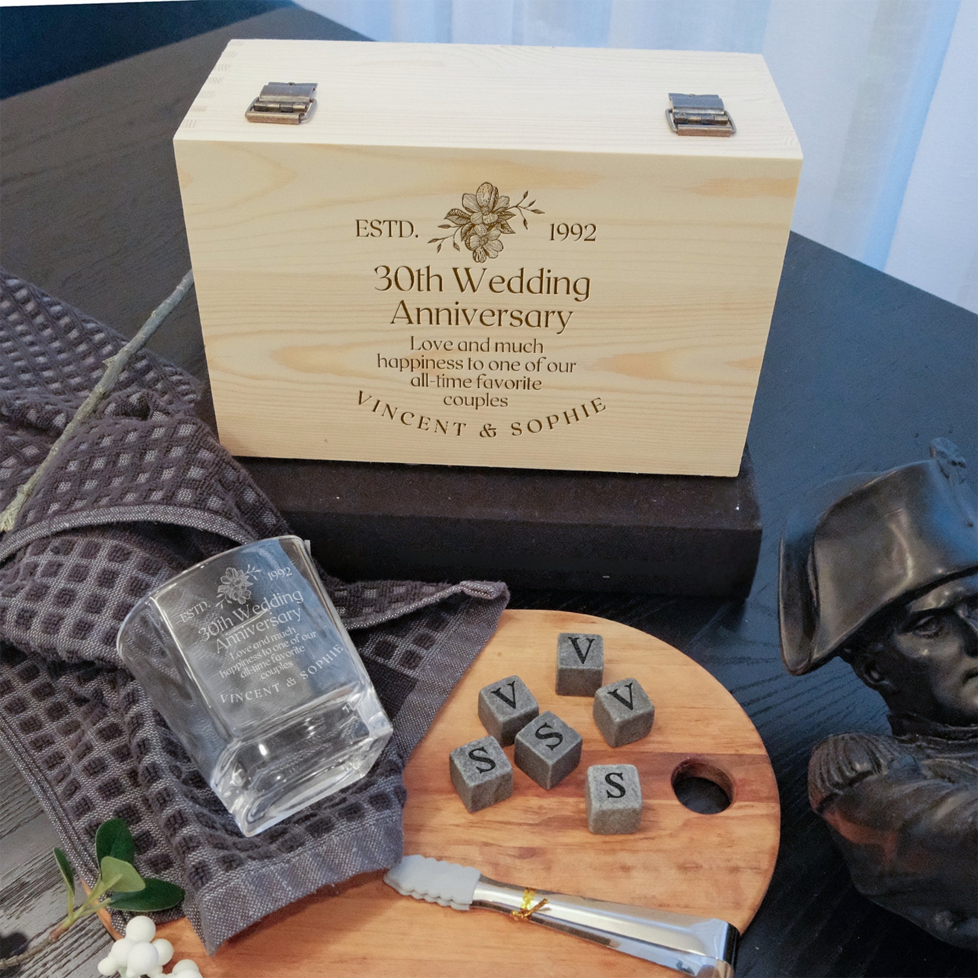 Custom Engraved Whiskey Wooden Box, 270ml Scotch Glass, 6 Ice Stones &amp; Tongs, Personalised Logo Barware Set Groomsman Dad Birthday Gift