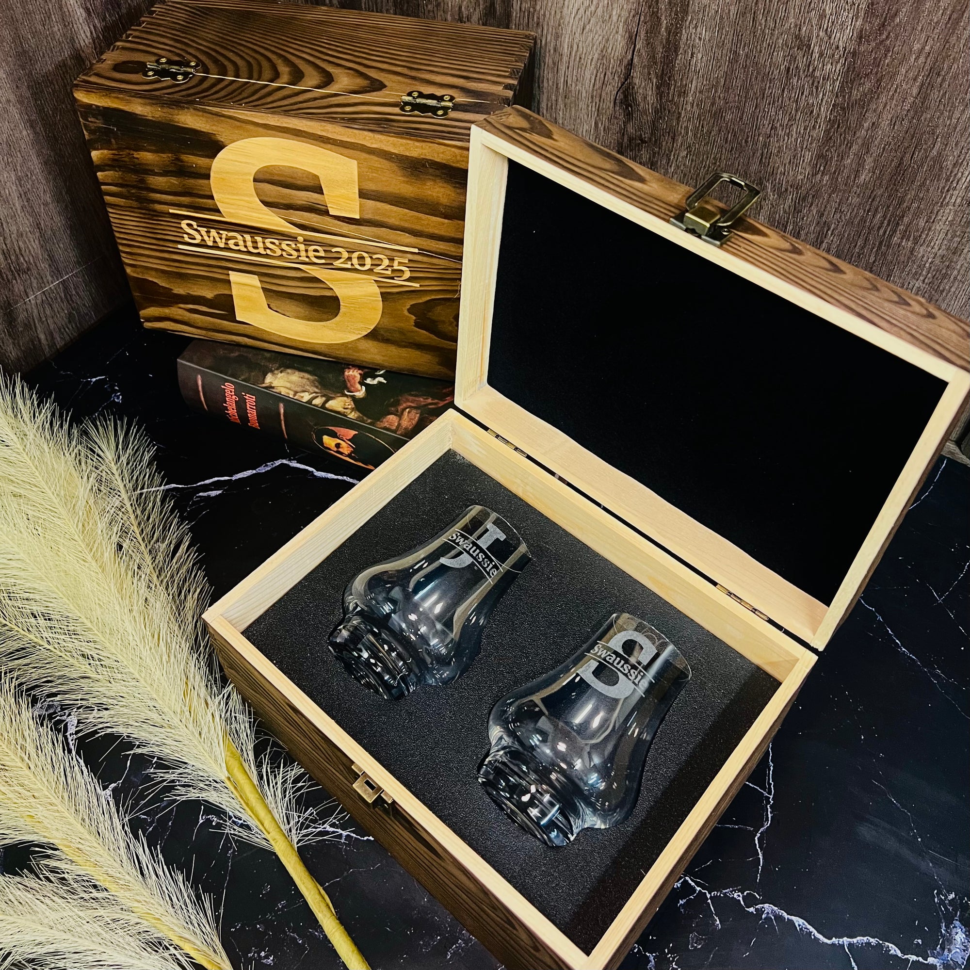 Custom Engraved Whiskey Wooden Box &amp; 2 Europe Crystal Scotch Glass, Personalised Logo Barware Set, Retirement, Groomsman Dad, Corporate Gift