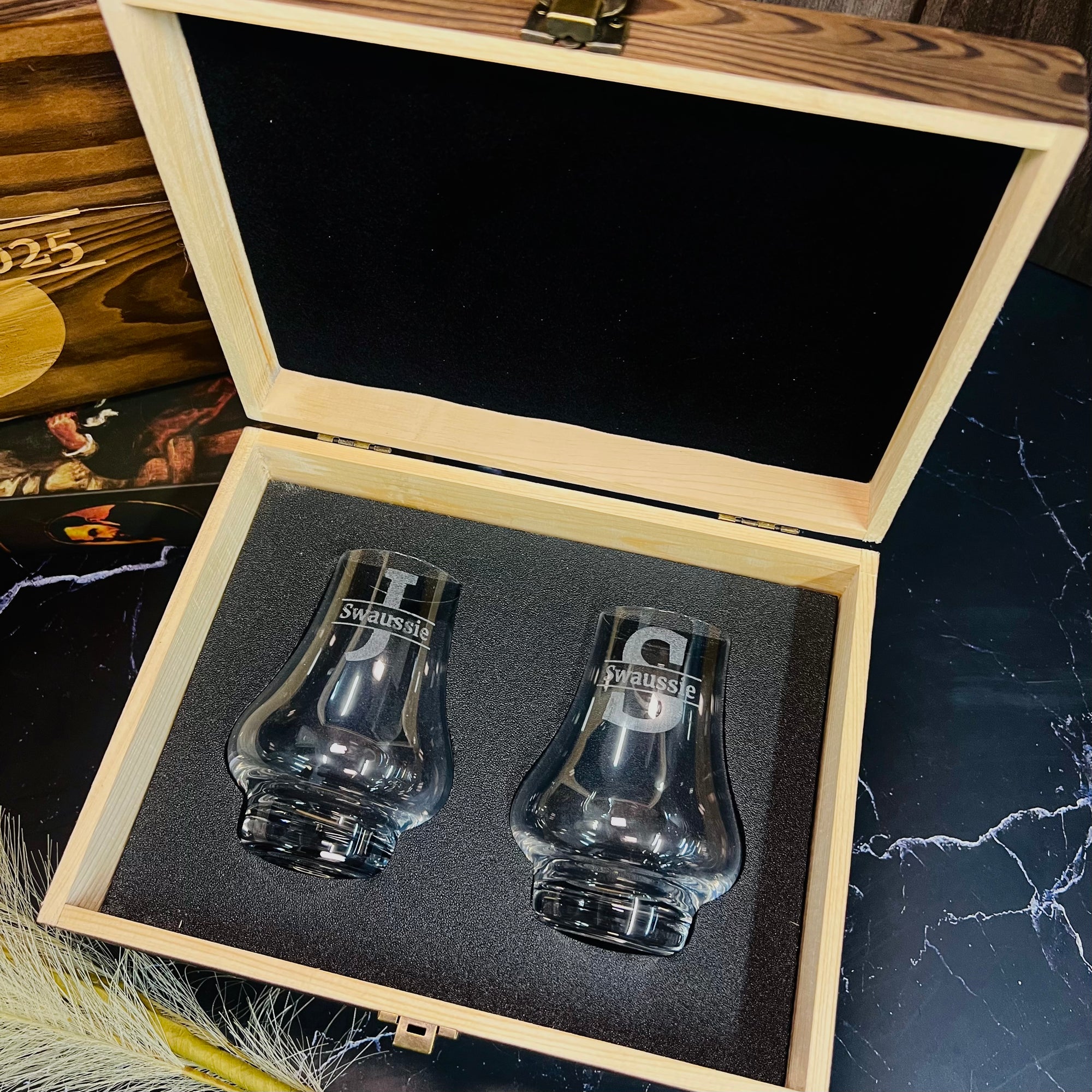 Custom Engraved Whiskey Wooden Box &amp; 2 Europe Crystal Scotch Glass, Personalised Logo Barware Set, Retirement, Groomsman Dad, Corporate Gift