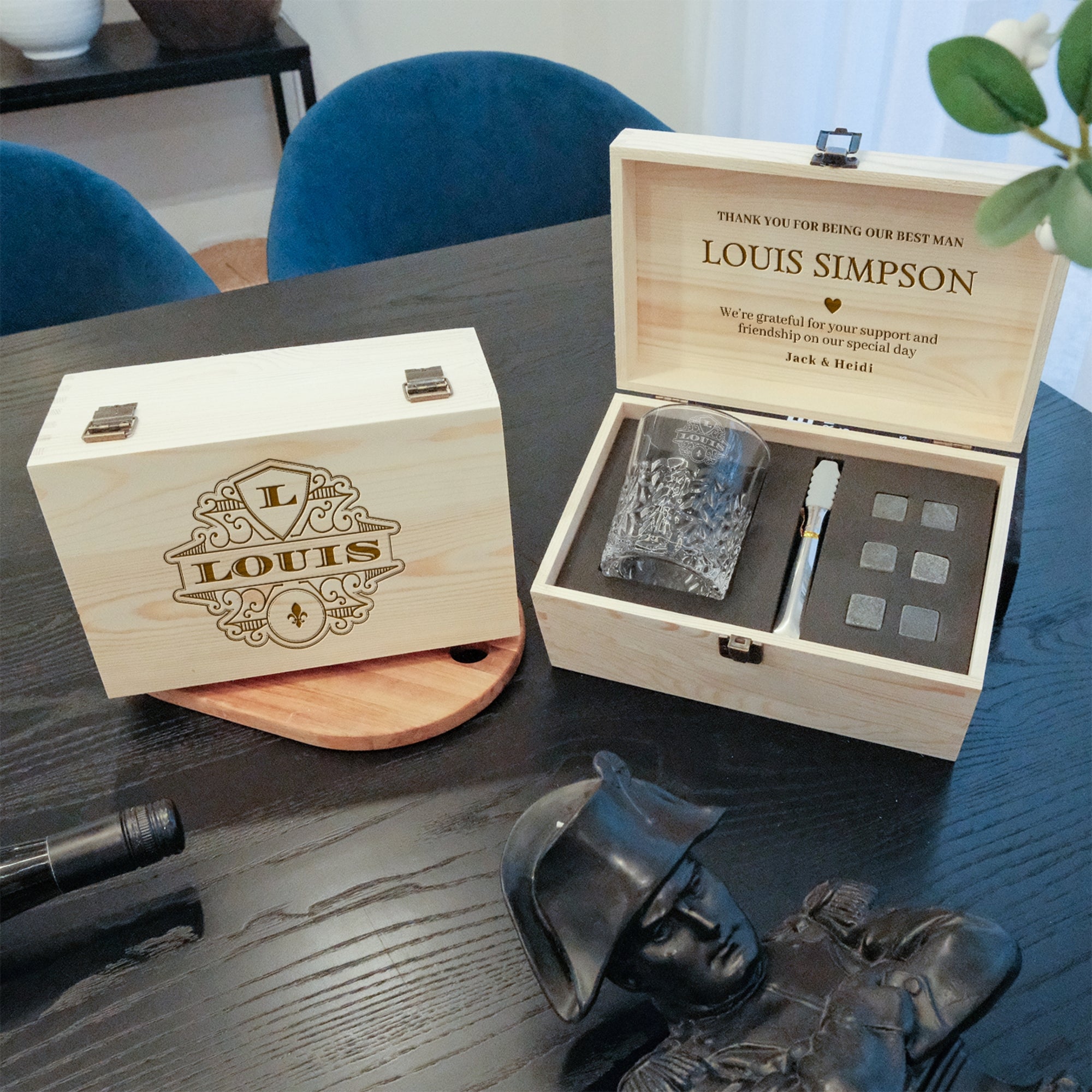 Custom Engraved Whiskey Wooden Box, Diamond Scotch Glass, 6 Ice Stones &amp; Tongs, Personalised Logo Barware Set, Groomsman Dad, Corporate Gift