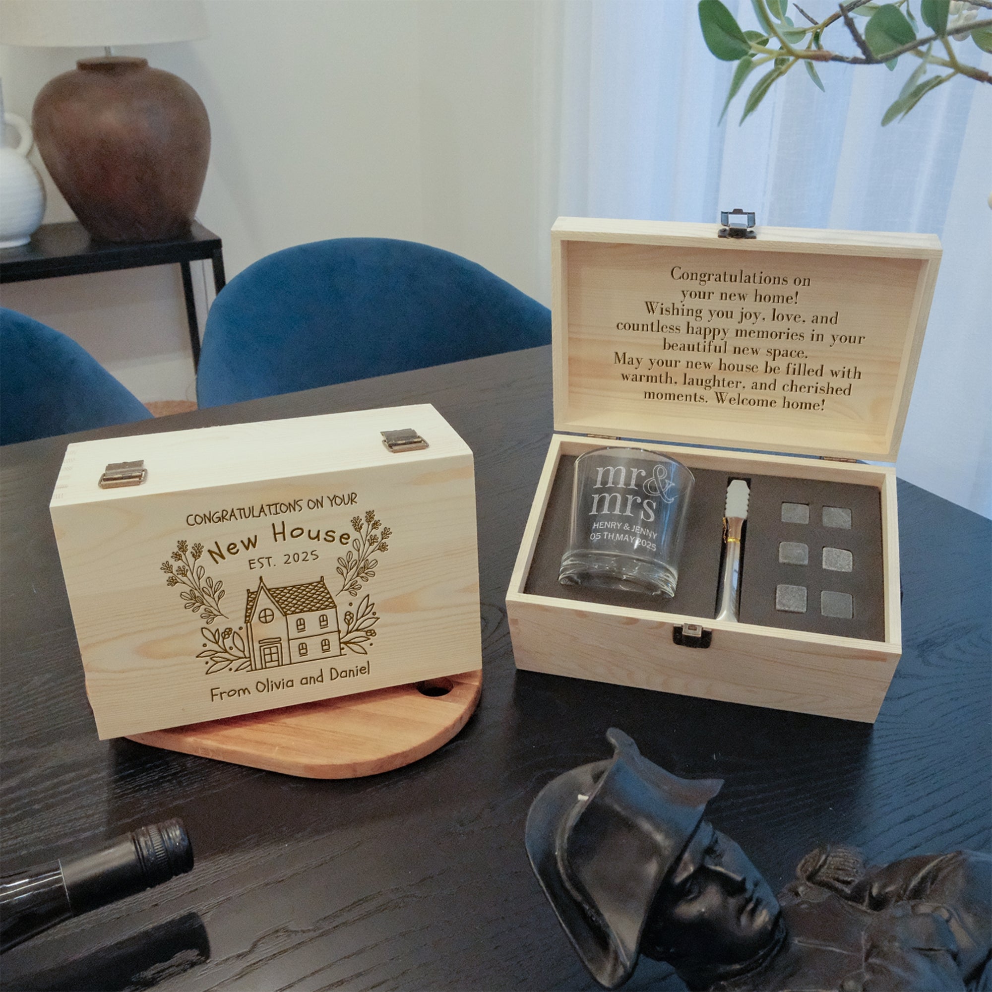 Custom Engraved Whiskey Wooden Box, Sleek Round Scotch Glass, 6 Rock Ice Stones &amp; Tongs, Personalised Barware Set Wedding Groomsman Dad Gift