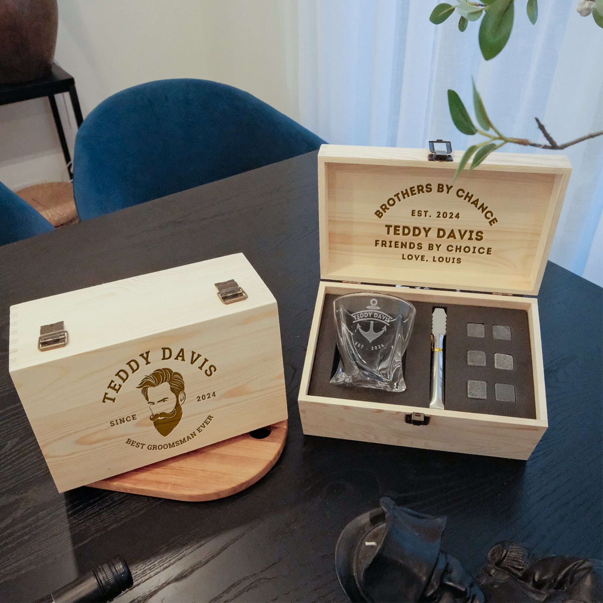 Custom Engraved Whiskey Wooden Box, Twisted Scotch Glass, 6 Ice Stones &amp; Tongs, Personalised Logo Barware Set, Groomsman Corporate Xmas Gift