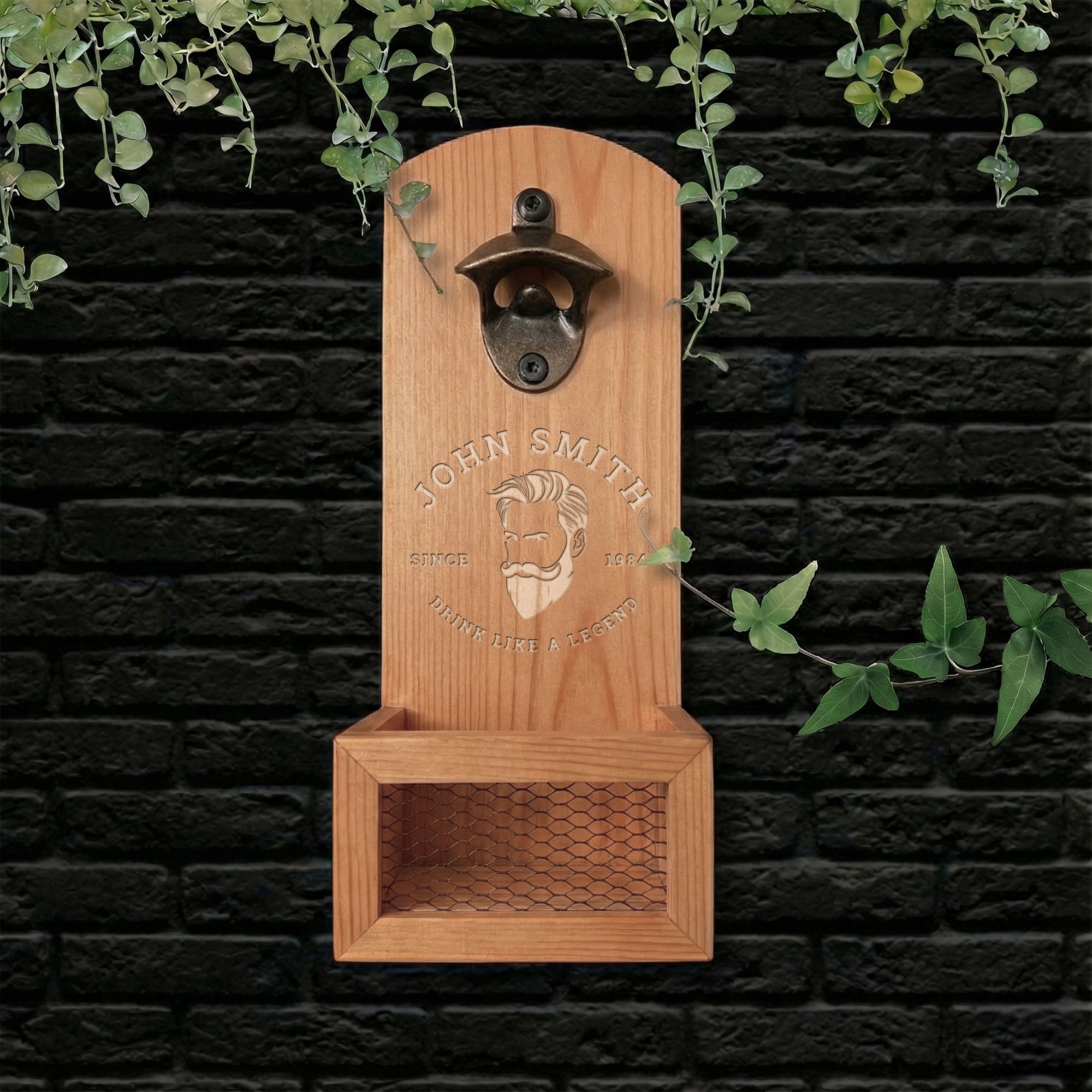 Custom Engraved Wooden Beer Bottle Opener &amp; Cap Catcher/ Collector, Personalised Name Logo, Father's Day, Christmas, Groomsmen Gift for Him