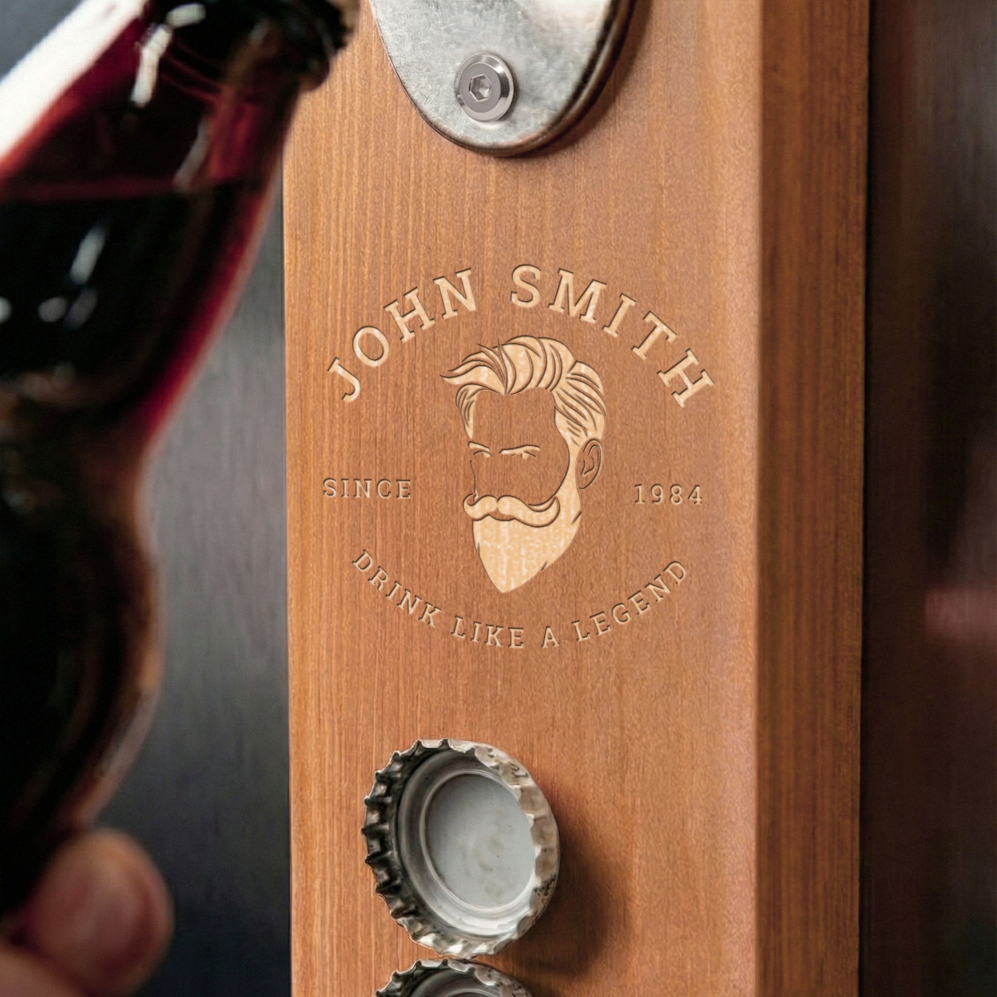 Custom Engraved Wooden Beer Bottle Opener &amp; Cap Catcher/ Collector, Personalised Name Logo, Father's Day, Christmas, Groomsmen Gift for Him