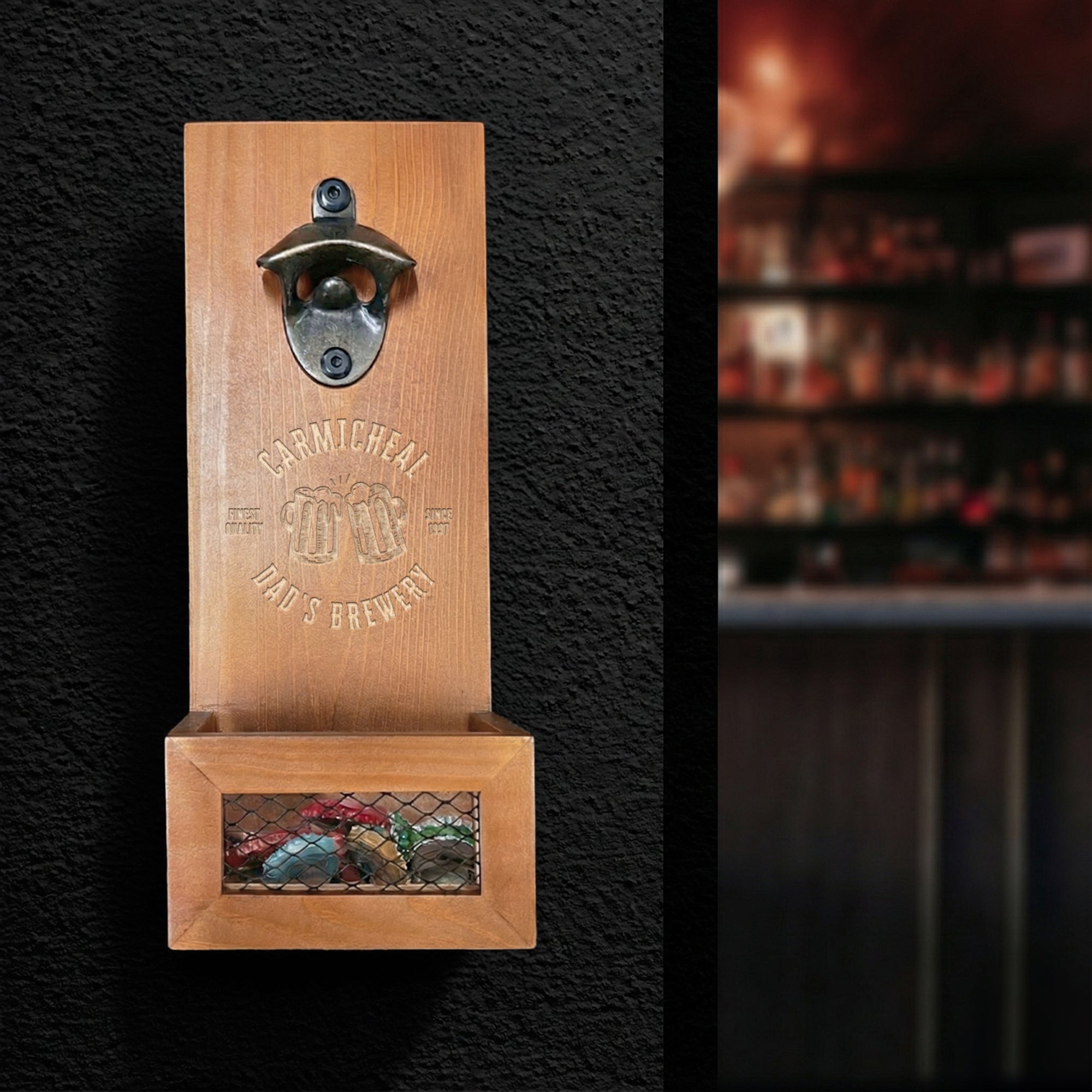 Custom Engraved Wooden Beer Bottle Opener &amp; Cap Catcher/ Collector, Personalised Name Logo, Father's Day, Christmas, Groomsmen Gift for Him