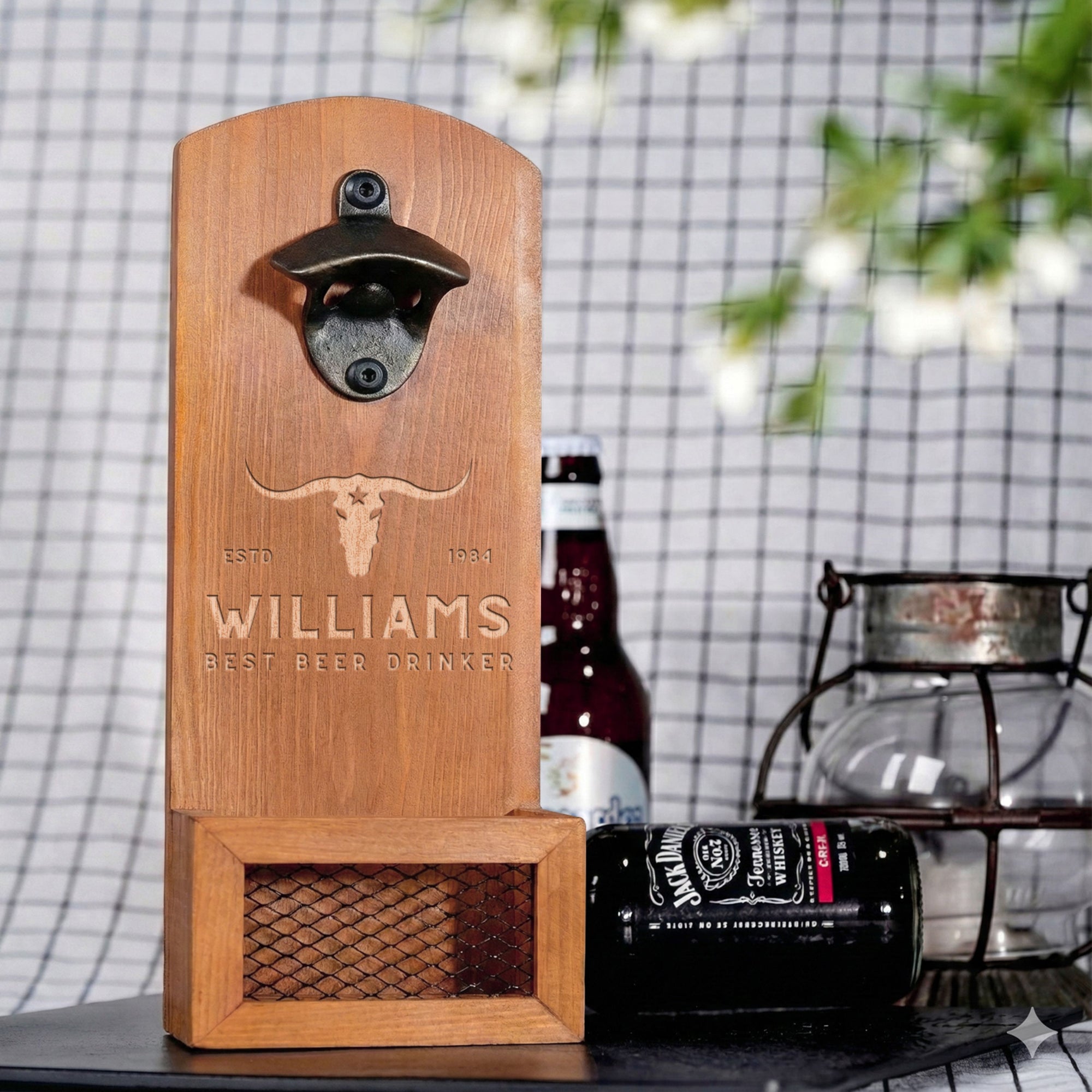 Custom Engraved Wooden Beer Bottle Opener & Cap Catcher/ Collector, Personalised Name Logo, Father's Day, Christmas, Groomsmen Gift for Him