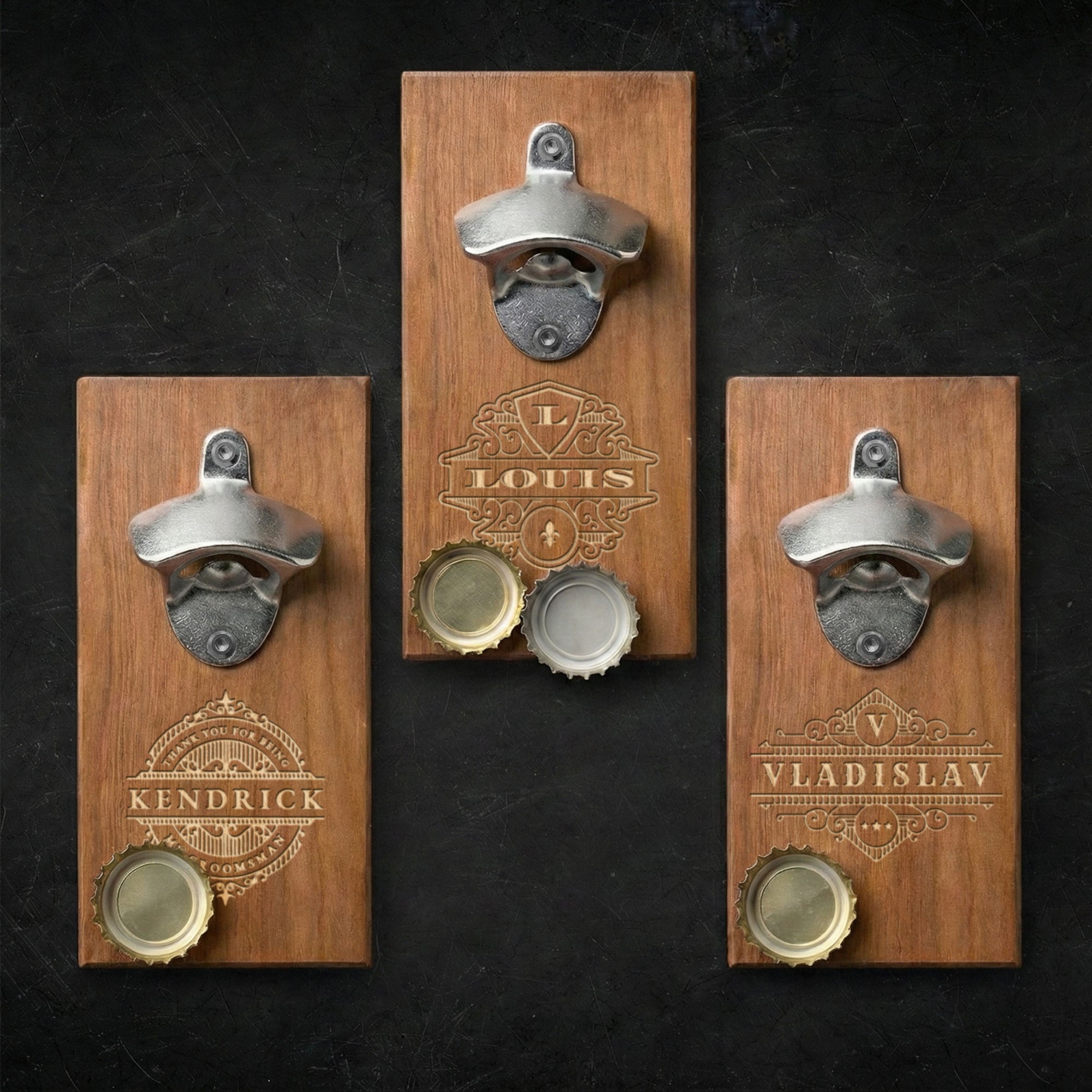 Custom Engraved Wooden Beer/ Drink Bottle Opener &amp; Magnetic Cap Catcher, Personalised Name Logo , Father, Christmas, Groomsmen Gift for Him