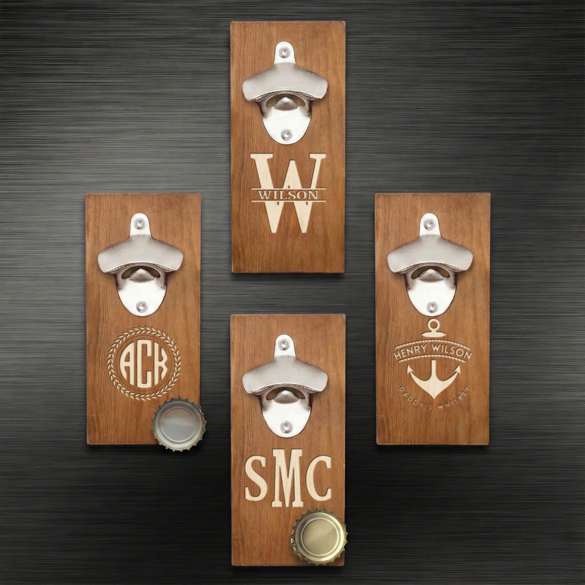 Custom Engraved Wooden Beer/ Drink Bottle Opener &amp; Magnetic Cap Catcher, Personalised Name Logo , Father, Christmas, Groomsmen Gift for Him