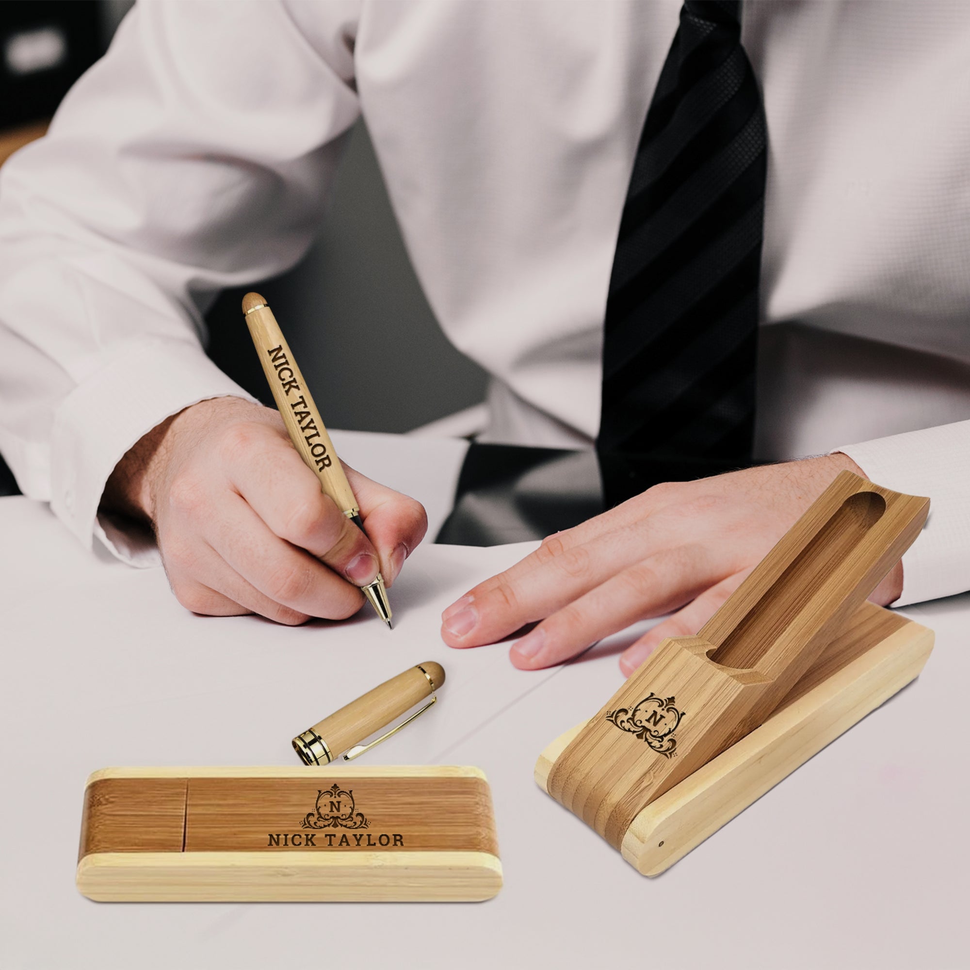 Custom Engraved Walnut Wooden Pen & Case Set, Personalised Logo Eco Bamboo Corporate Gifts, Teacher, Student, Event, Wedding Reception Decor