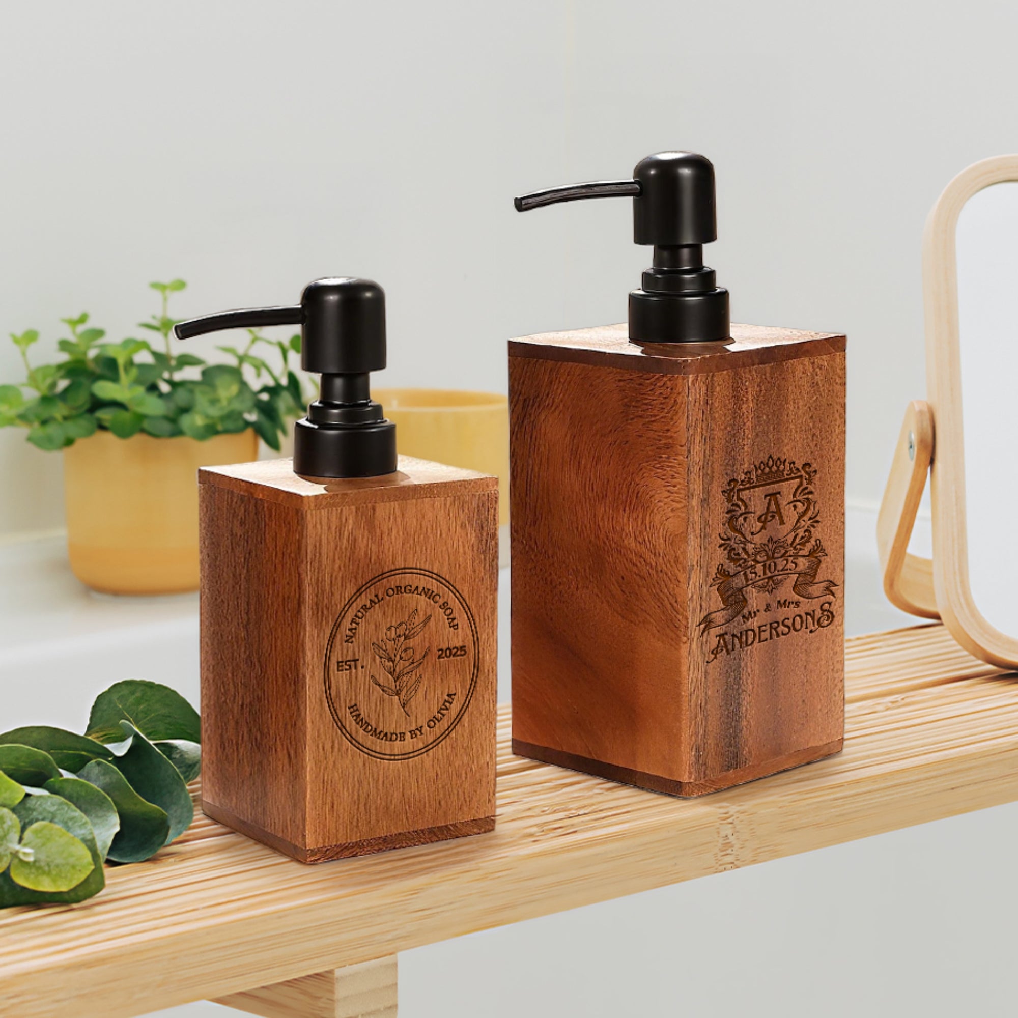 Custom Engraved Wooden Soap Dispenser, Personalised Bathroom Pump, Refillable Liquid Hand & Dish Bottle Kitchen Housewarming Gift Home Décor