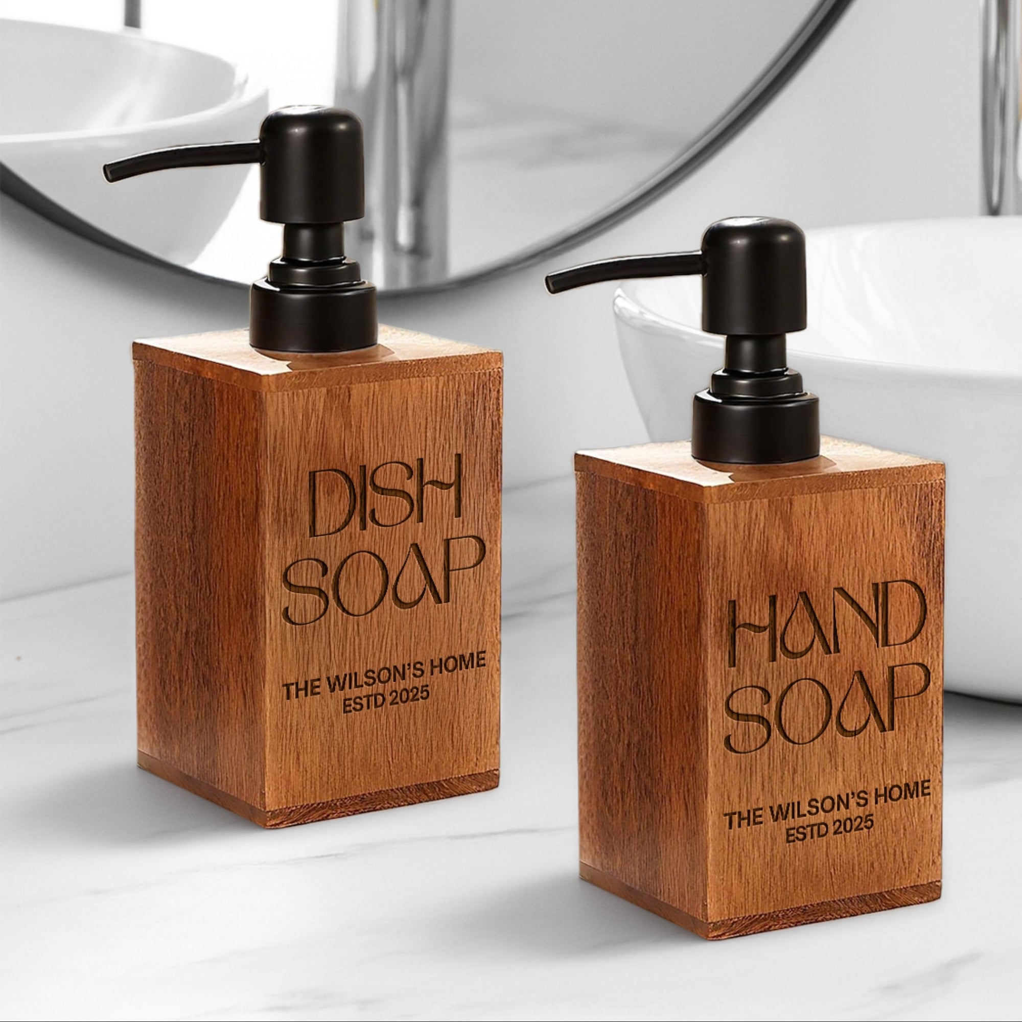 Custom Engraved Wooden Soap Dispenser, Personalised Bathroom Pump, Refillable Liquid Hand &amp; Dish Bottle Kitchen Housewarming Gift Home Décor