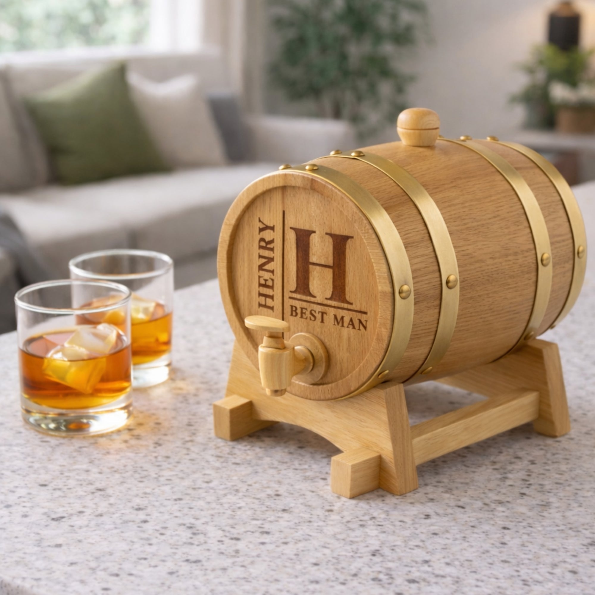 Custom Engraved Wooden Wine Barrel 1.5L | Whiskey, Brandy, Tequila Tap Dispenser, Beer Pine Wood Storage, Groomsman Wedding, Birthday Dad Gift