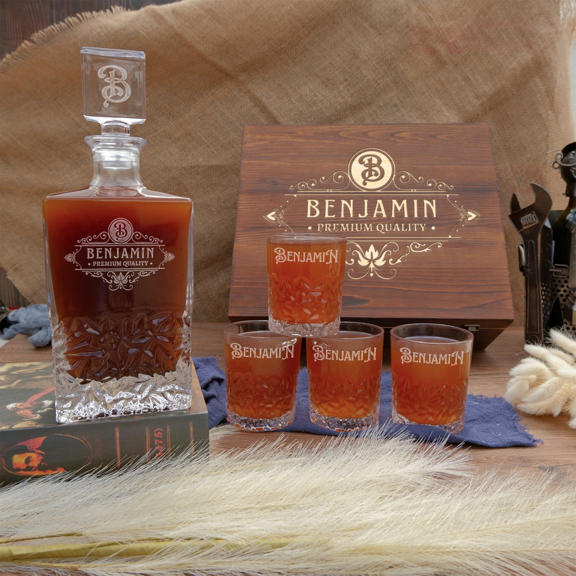 Custom Engraved Carving Old Fashion Whiskey Decanter Set, 4  Scotch Glasses &amp; Wooden Box, Personalised Barware Dad, Groomsmen Corporate Gift