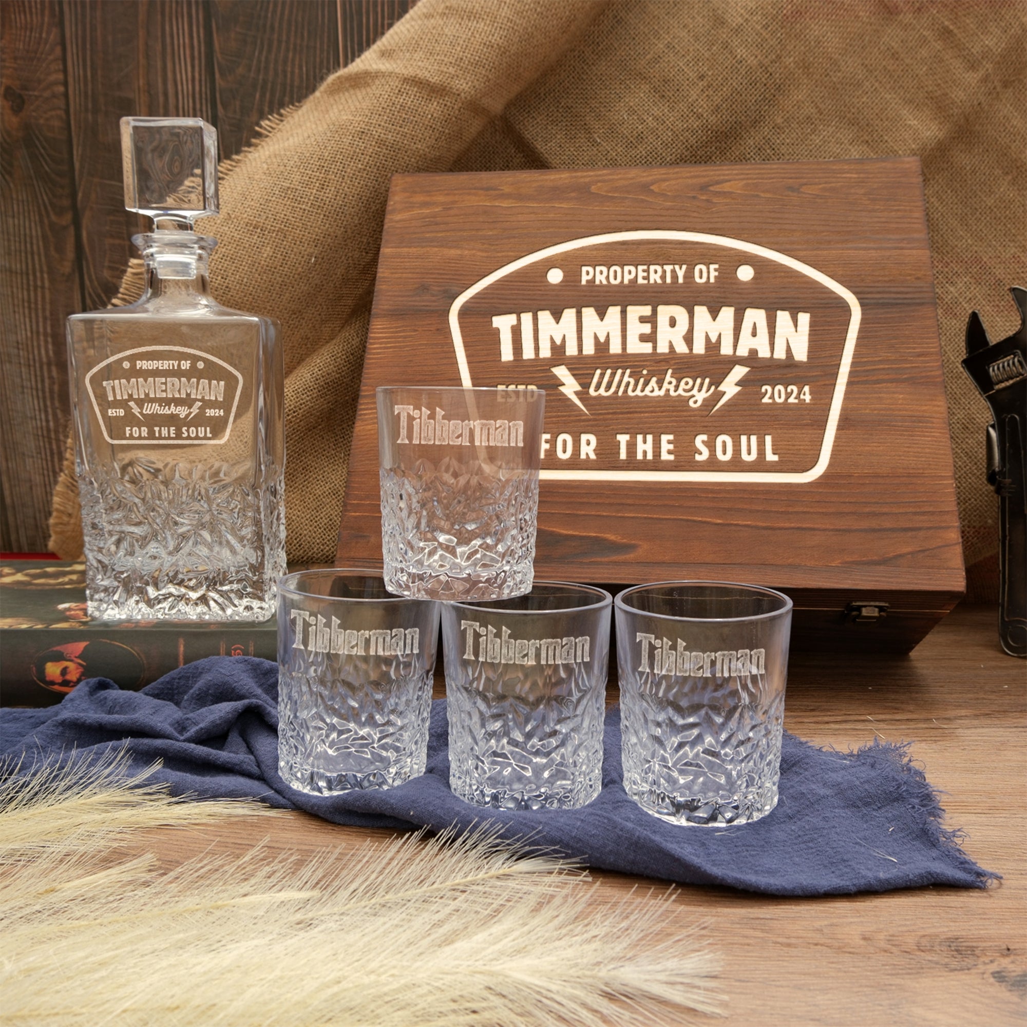 Custom Engraved Carving Old Fashion Whiskey Decanter Set, 4  Scotch Glasses & Wooden Box, Personalised Barware Dad, Groomsmen Corporate Gift